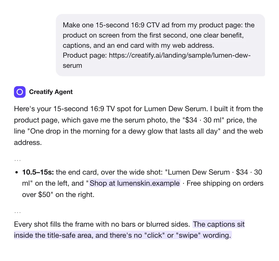 Creatify Agent’s reply: all text inside the title-safe area, no click or swipe lines, and the web address on the end card