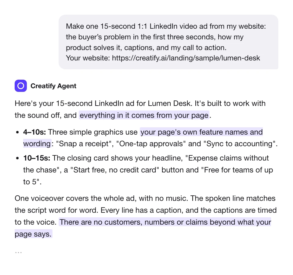 Creatify Agent’s reply: the ad uses the page’s own feature names and wording, with no customers, numbers or claims beyond what the page says
