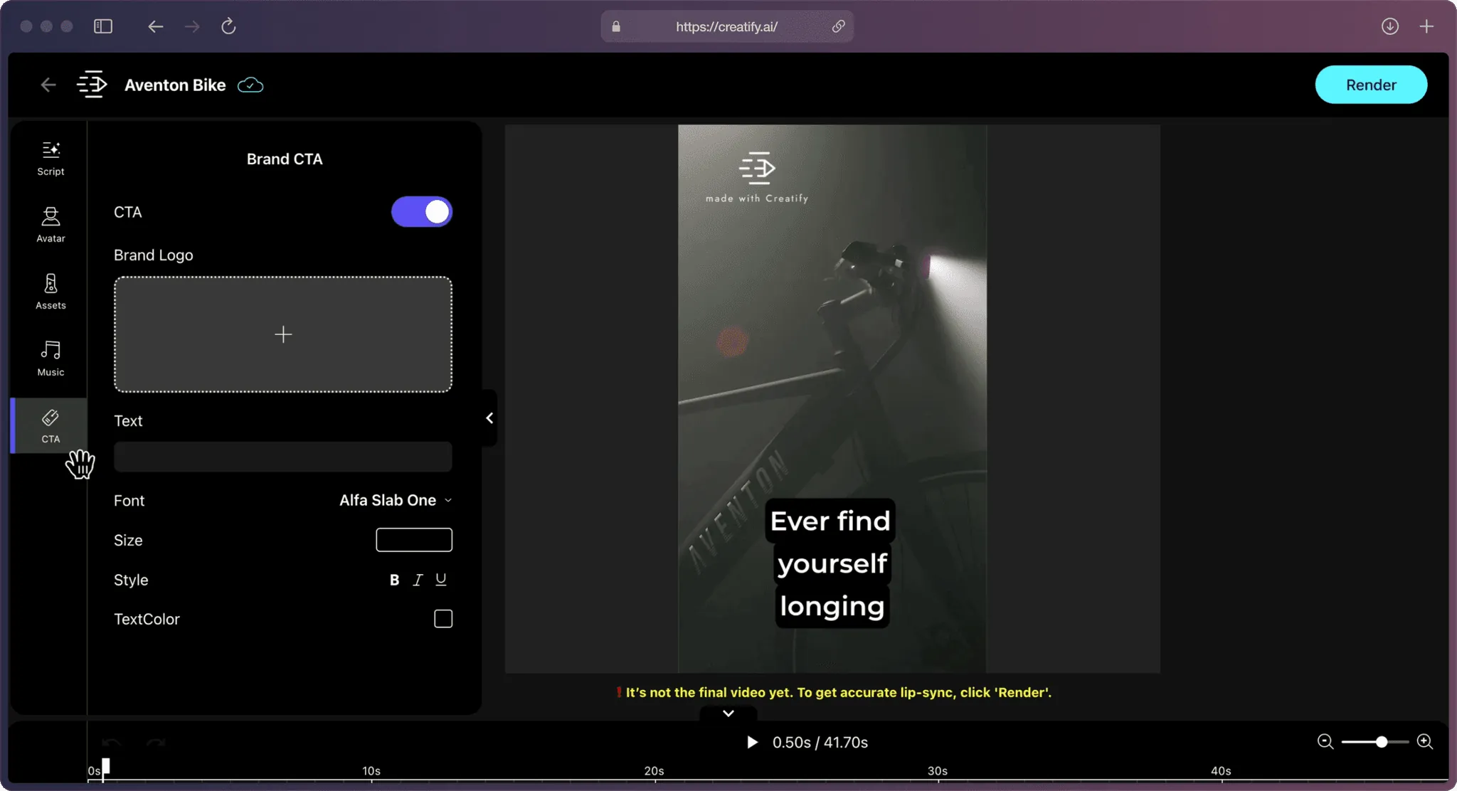 A screenshot of Creatify AI app on the “Edit” page with the video preview in the middle, several functions like “music, avatar, CTA, script” on the left, and an editing timeline on the bottom.