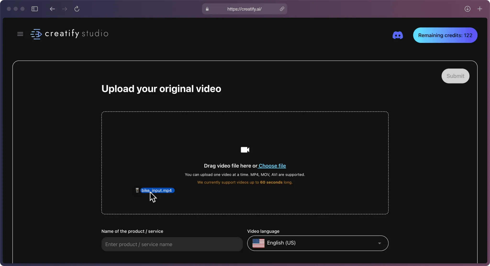A screenshot of Creatify AI app with the detailed information of “Upload your original video” with mouse dragging a video named “bike_input”