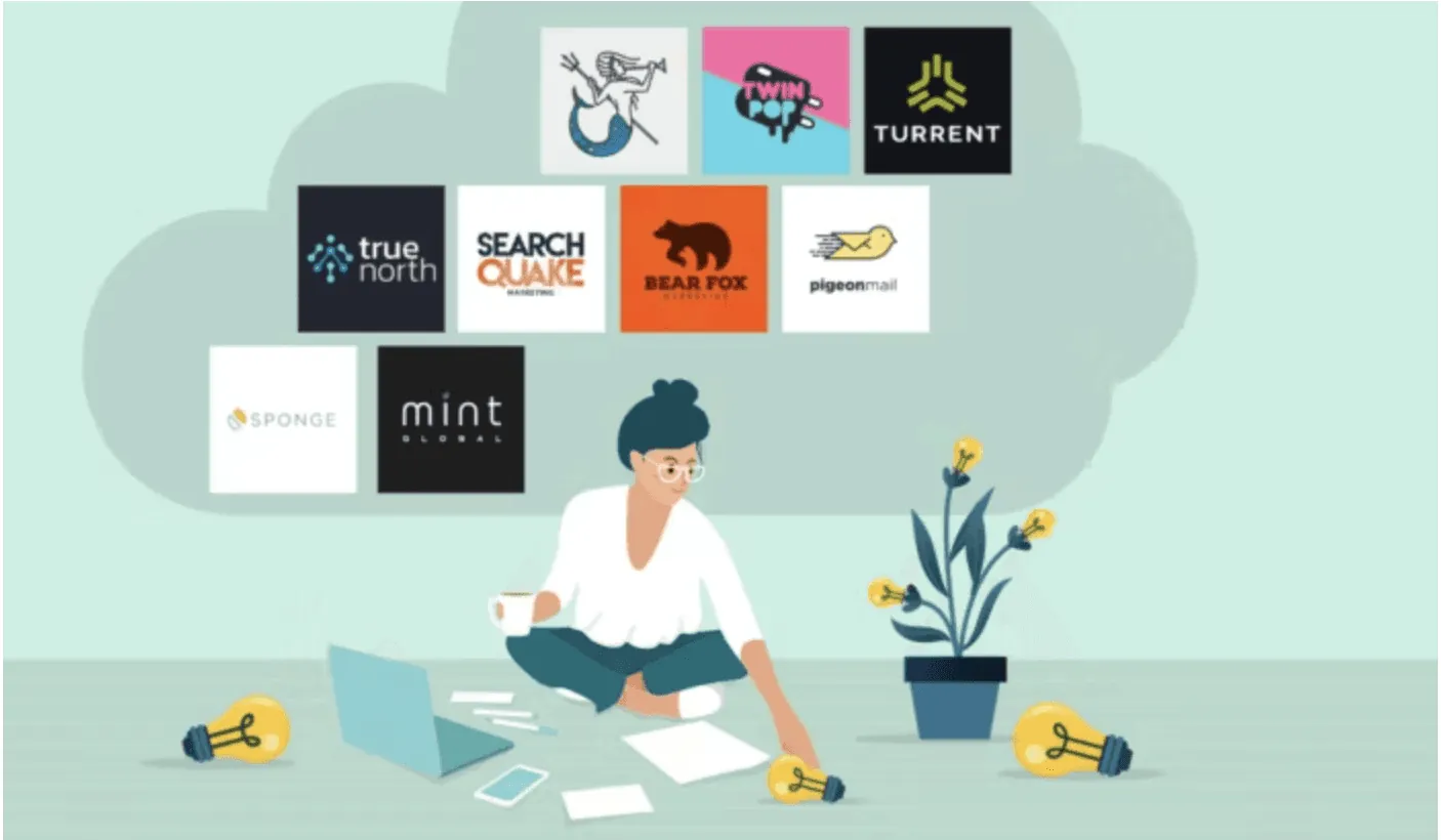 Illustration of a person brainstorming digital marketing logo ideas like True North, Mint, and Turrent.