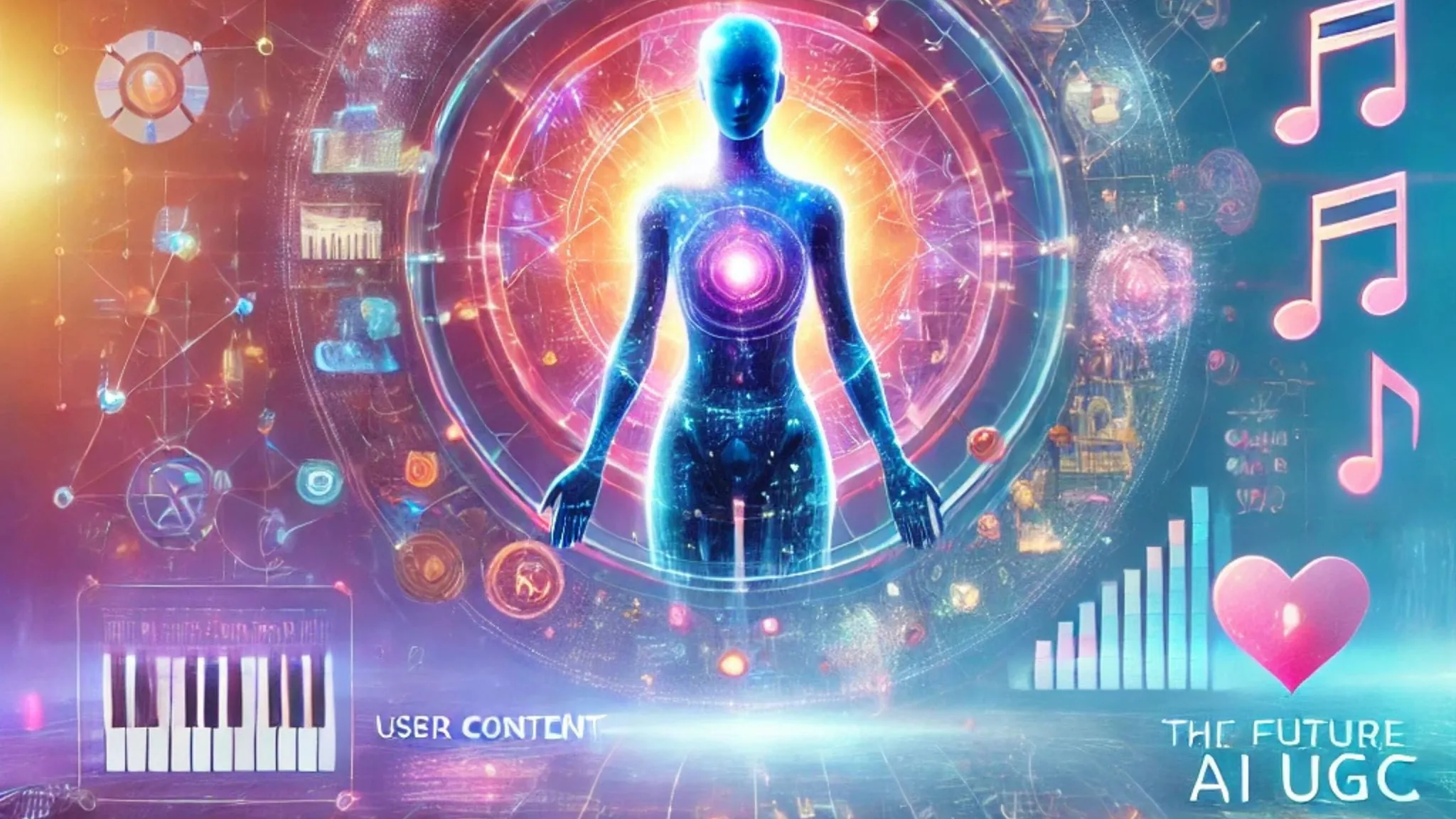 Futuristic graphic of a glowing human surrounded by AI tech symbols, music notes, keyboard, and charts.