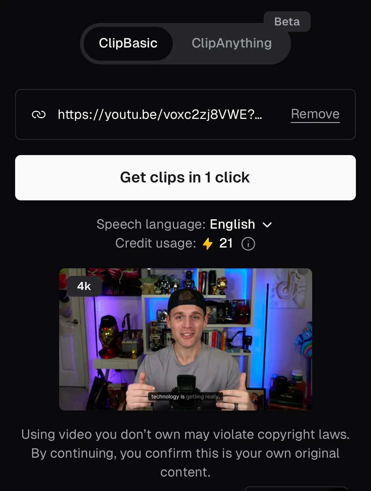 ClipBasic app interface showing a YouTube link input, settings, and 'Get clips' button.