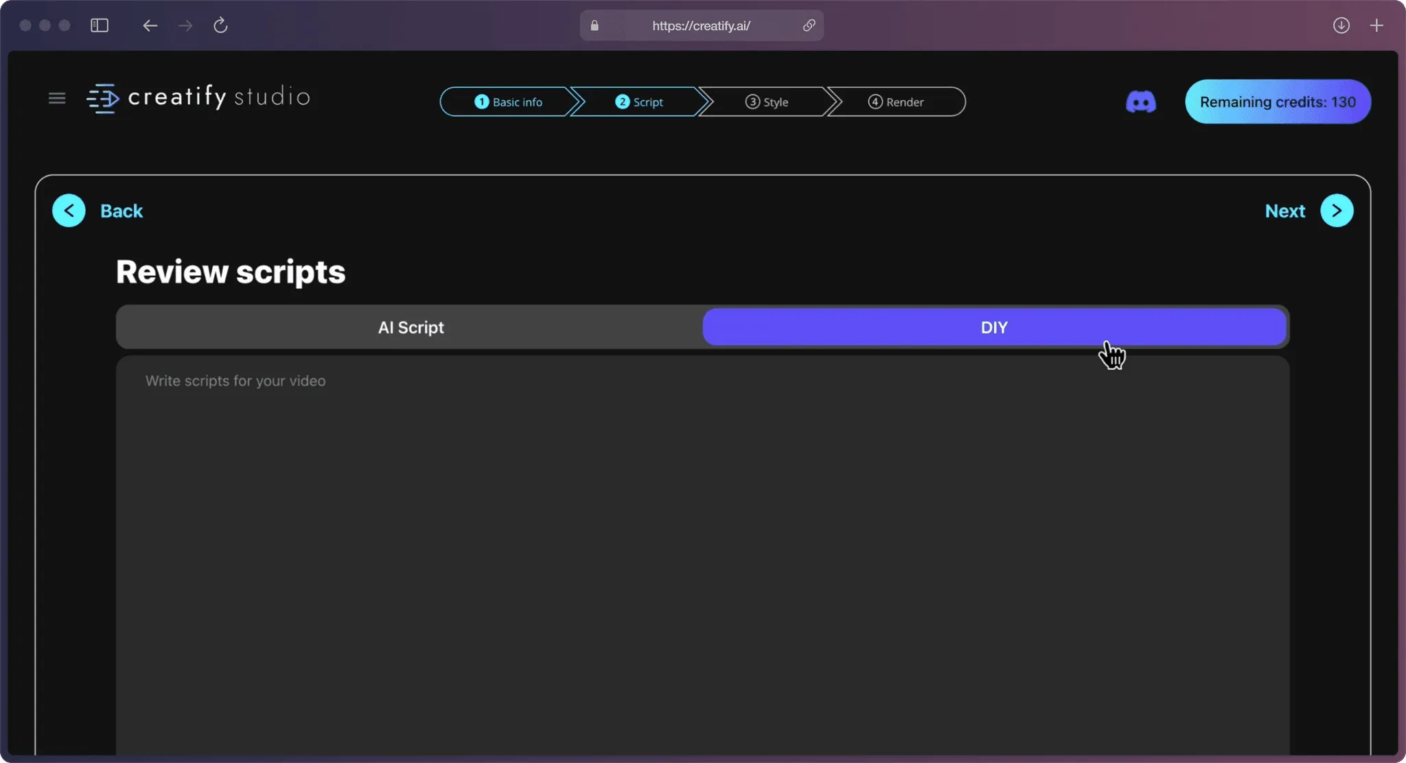 A screenshot of Creatify AI app on the “Review scripts” page with a cursor hovering on “DIY” purple bracket and large empty space for text input.
