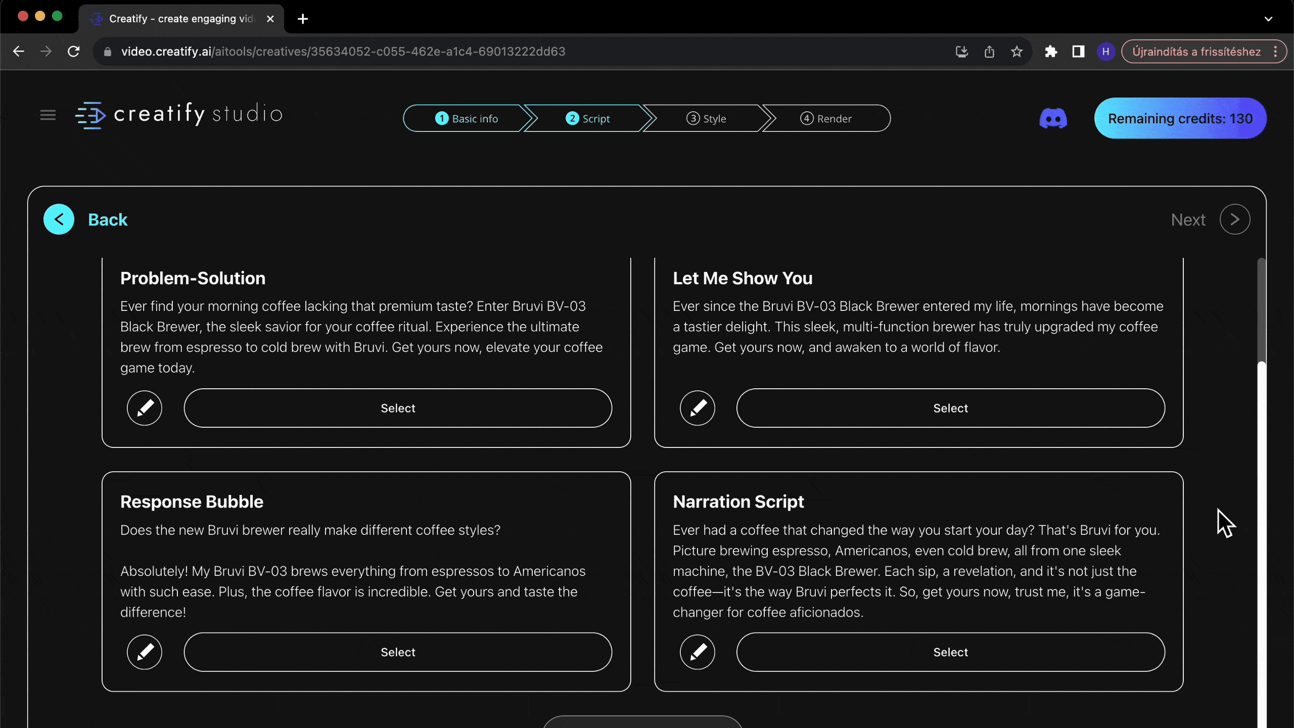 A gif of Creatify AI app on the “Review scripts” page with a cursor hovering on “Generate more scripts” button and loading while zooming in.