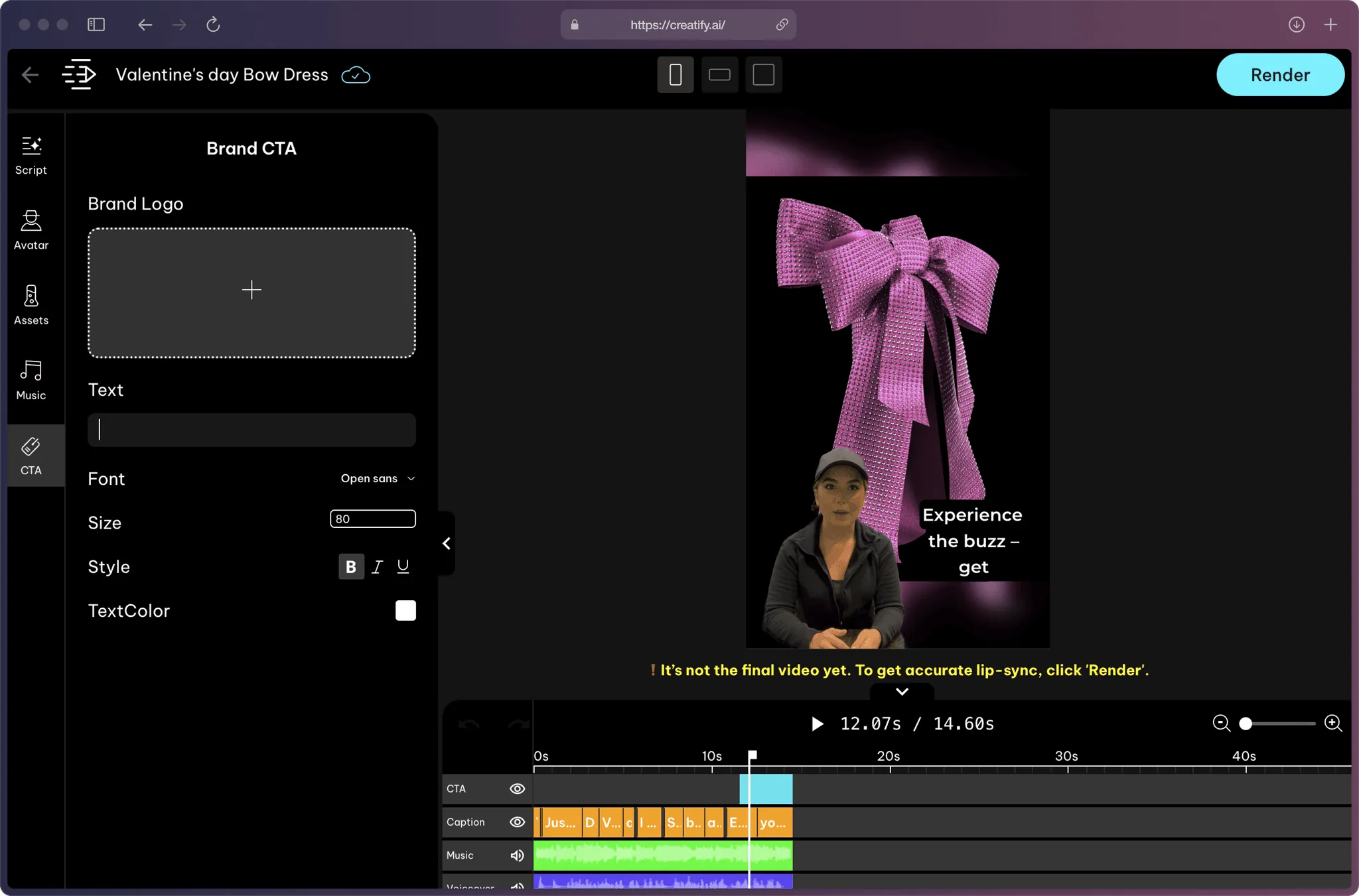 Creatify AI app on the “Edit” page with the video preview in the middle, several functions like “music, avatar, CTA, script” on the left, and an editing timeline on the bottom.