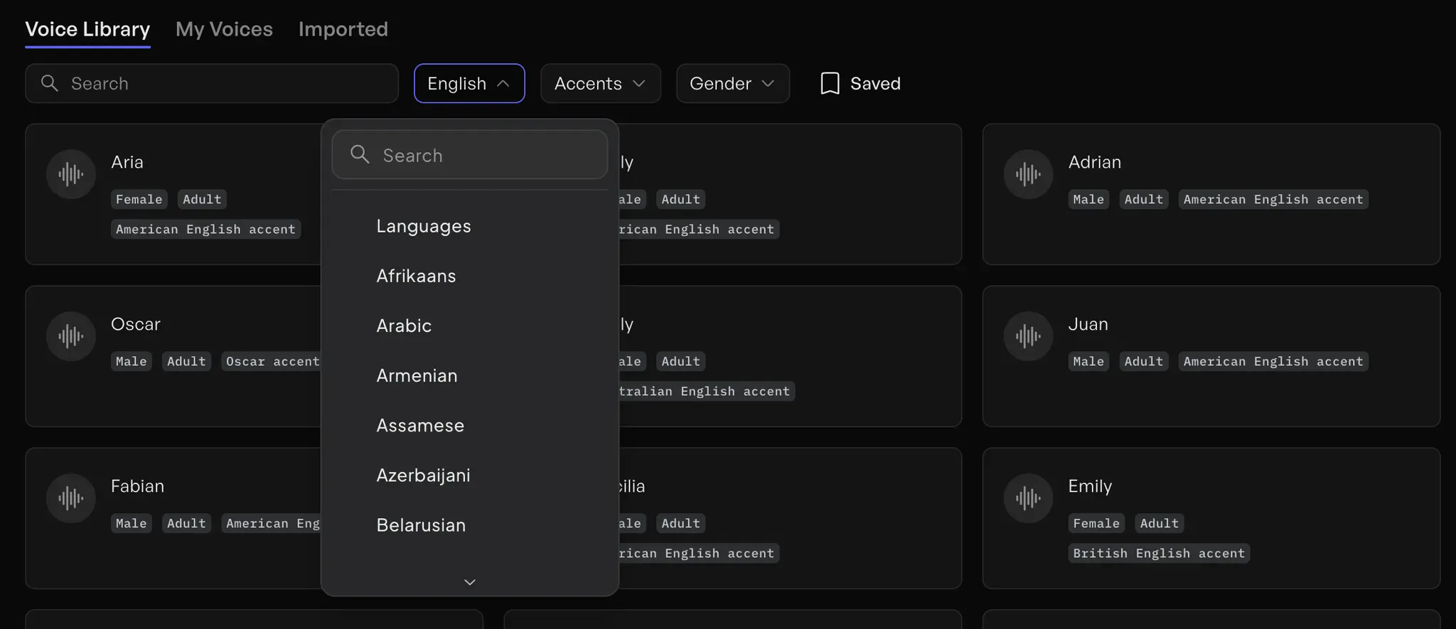 AI Avatars selection of voices in 70+ languages - Creatify app screenshot