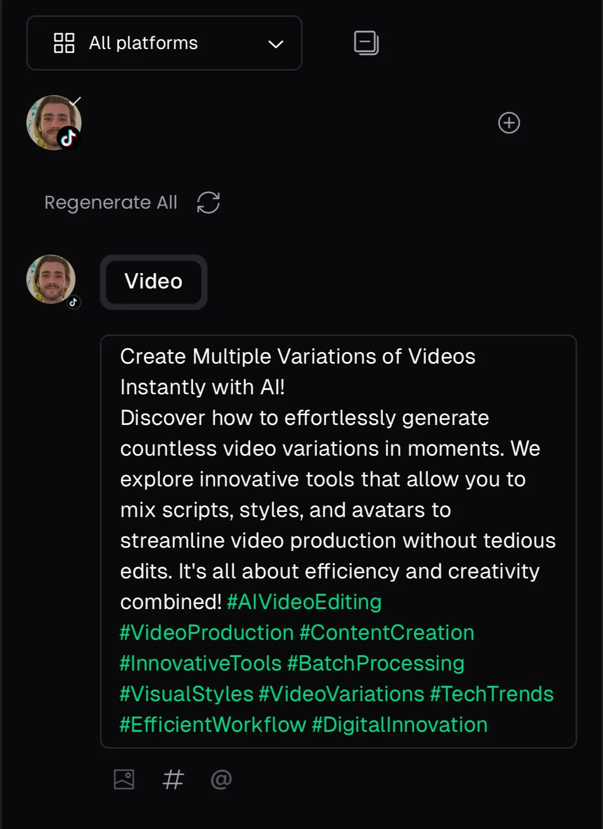 Interface displaying a post about an AI tool for generating multiple video variations instantly.