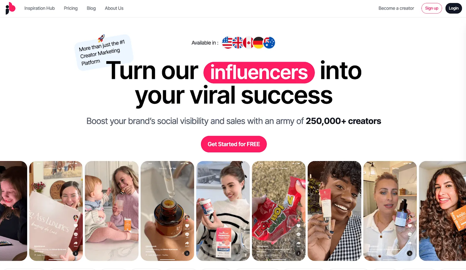 JoinBrands homepage: "Turn our influencers into your viral success" for creator marketing.