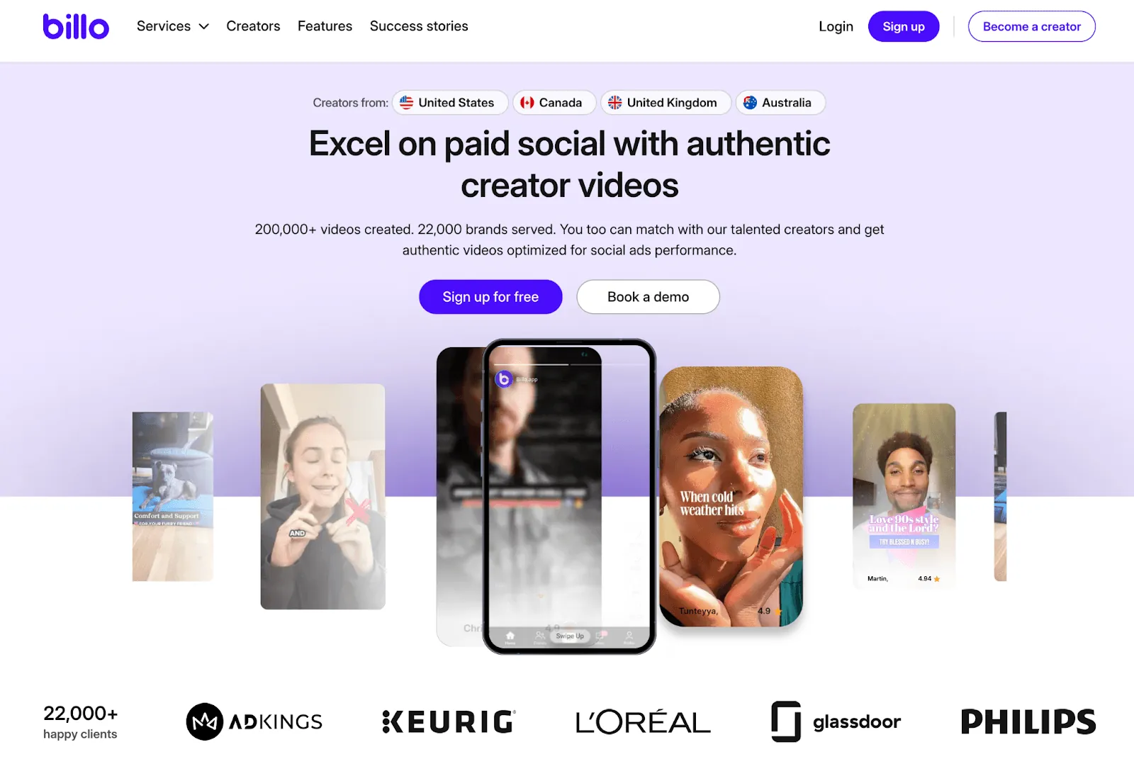 Billo landing page showing client logos and a call to action for authentic creator videos.
