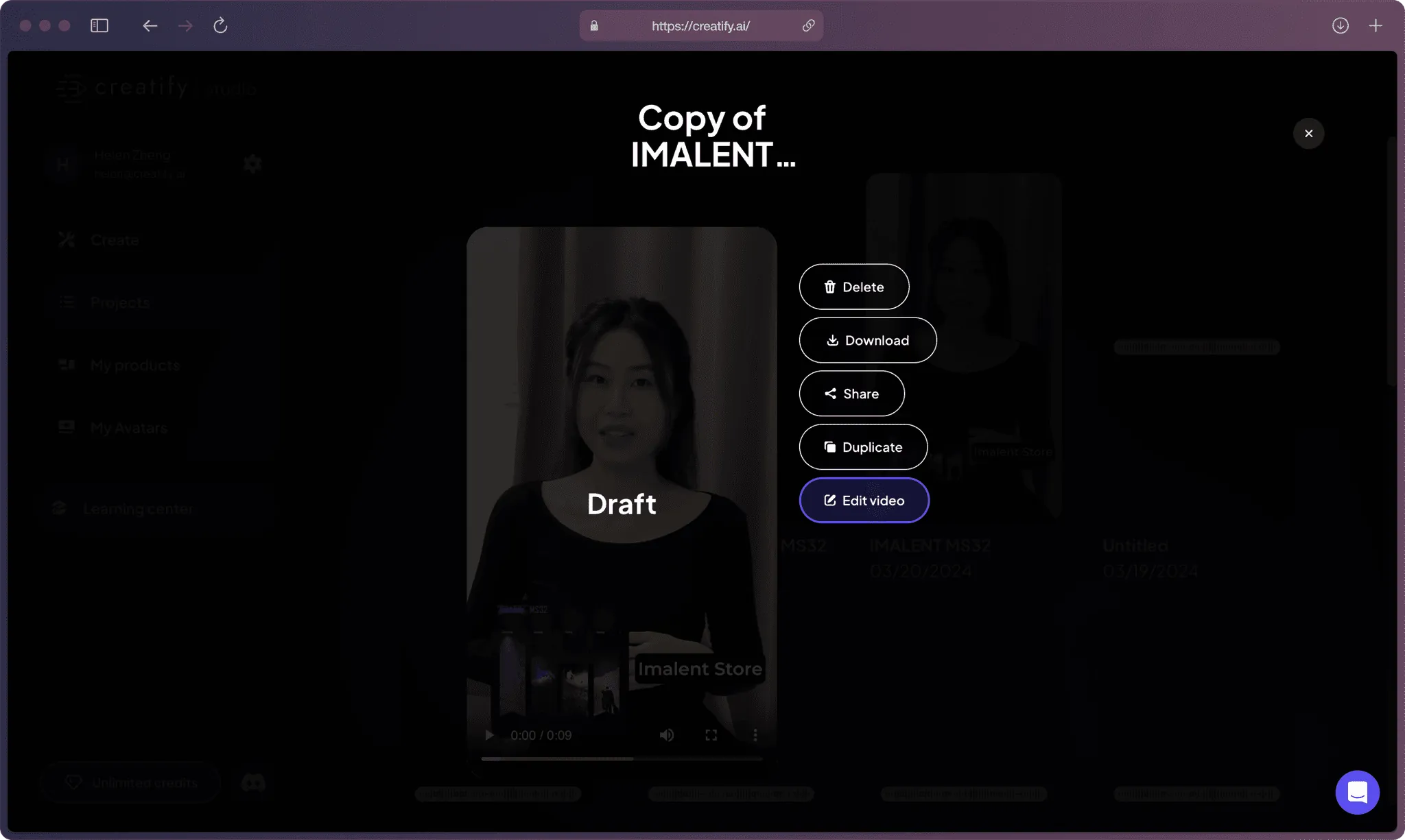 Creatify AI app with the detailed information like name and information of a rendered video.