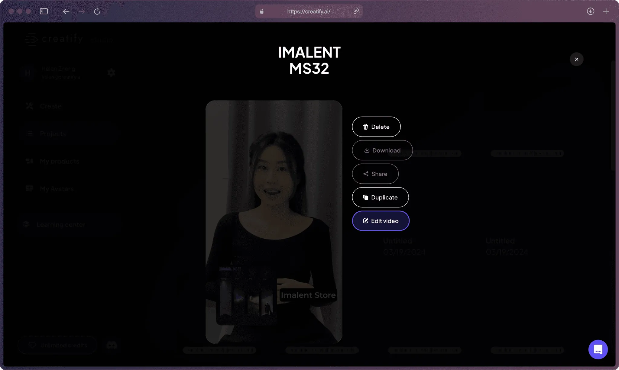 Creatify AI app with the detailed information like name and information of a rendered video.
