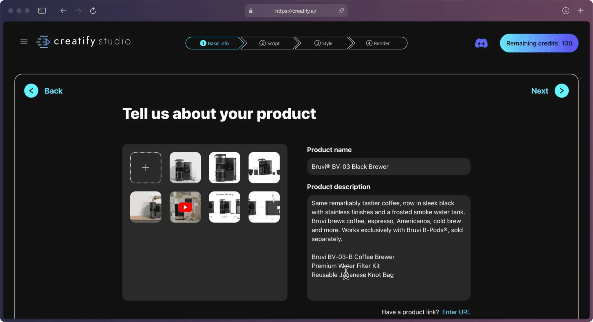 A screenshot of Creatify AI app on the “Tell us about your product” page.