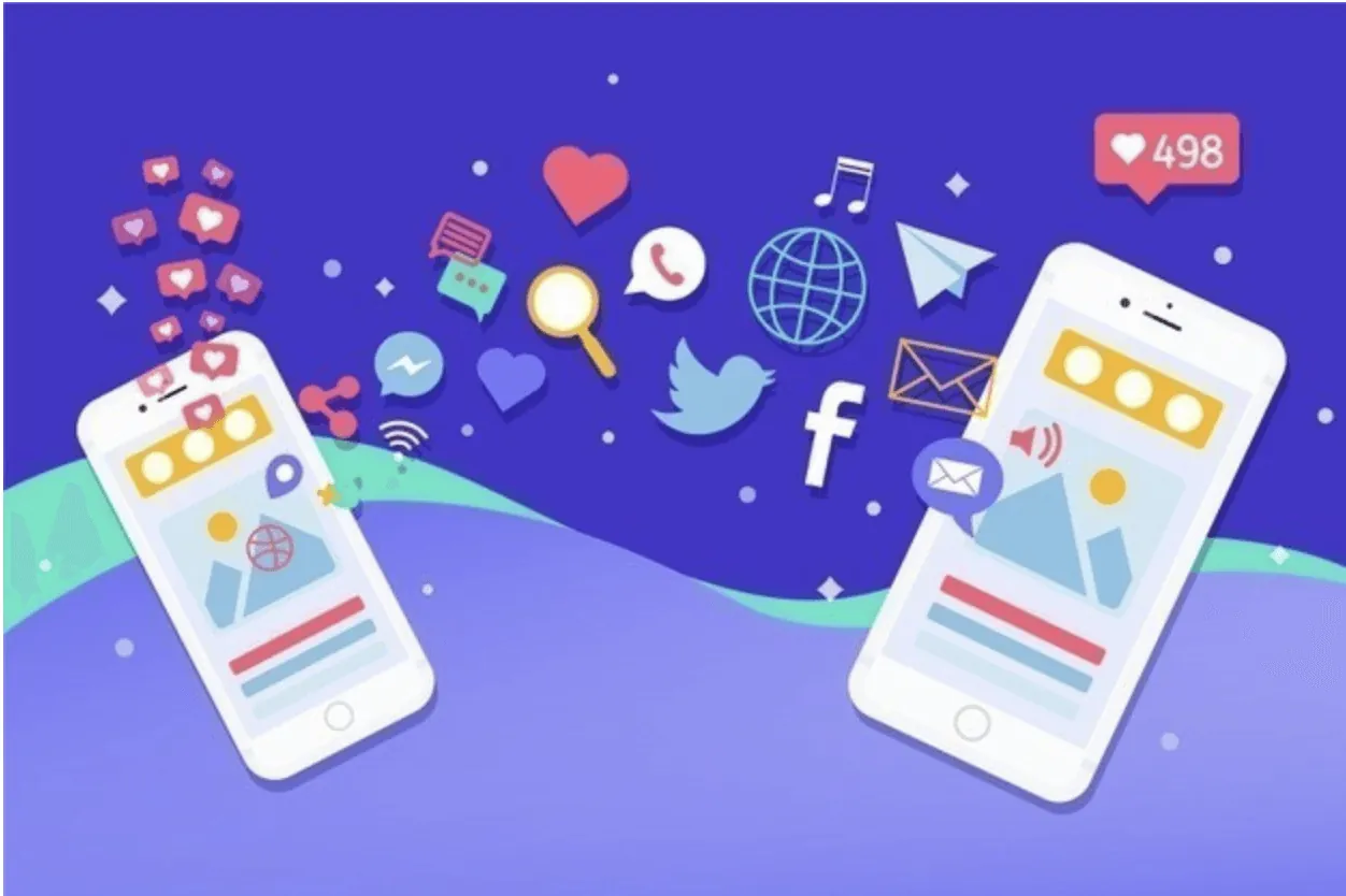Two phones showing floating social media icons like hearts, messages, and logos.
