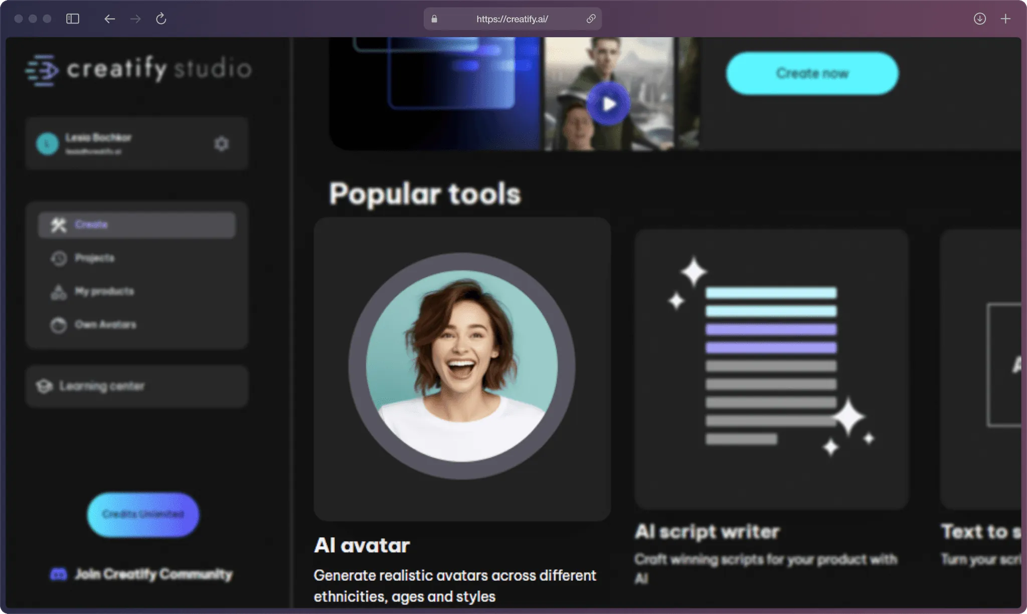 A screenshot of Creatify AI app on the “Create” page.