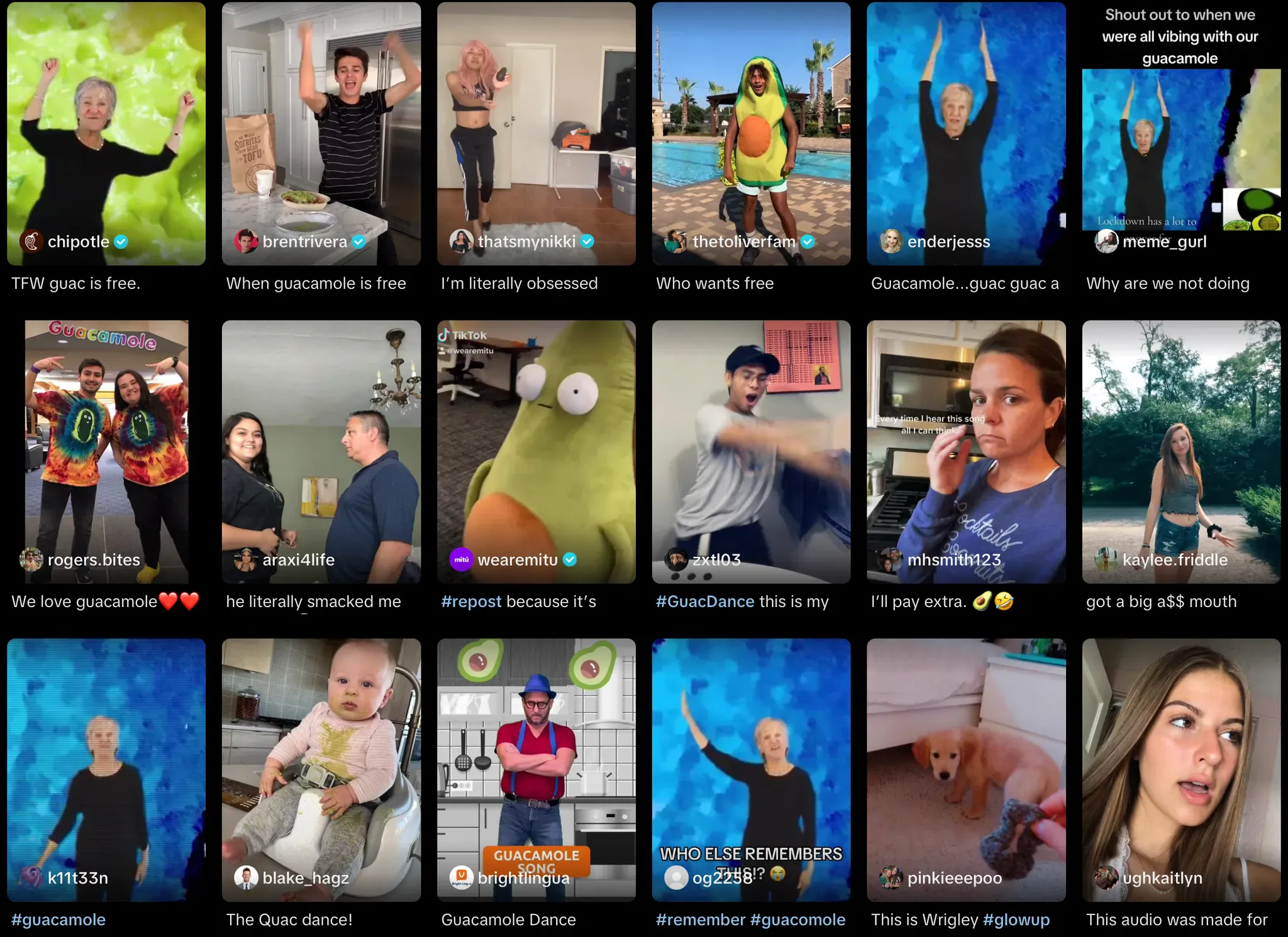 A collage showing multiple people participating in a social media 'Guac Dance' trend about free guacamole.