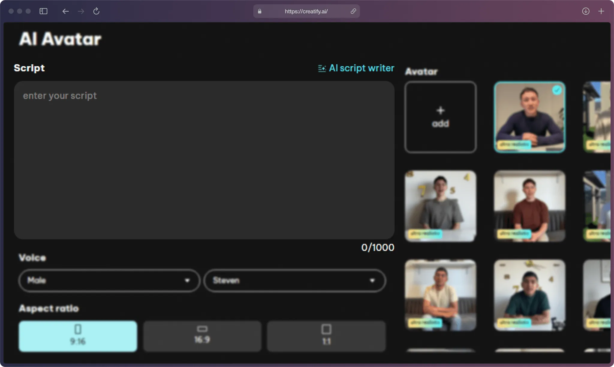 A screenshot of Creatify AI app on the “AI Avatar” page.