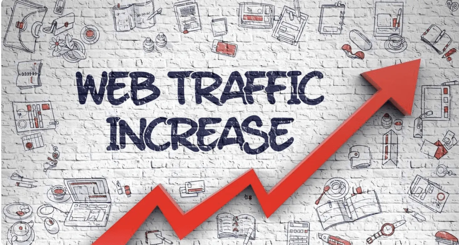 Text 'WEB TRAFFIC INCREASE' on a brick wall with a large, sharply upward-pointing red arrow.