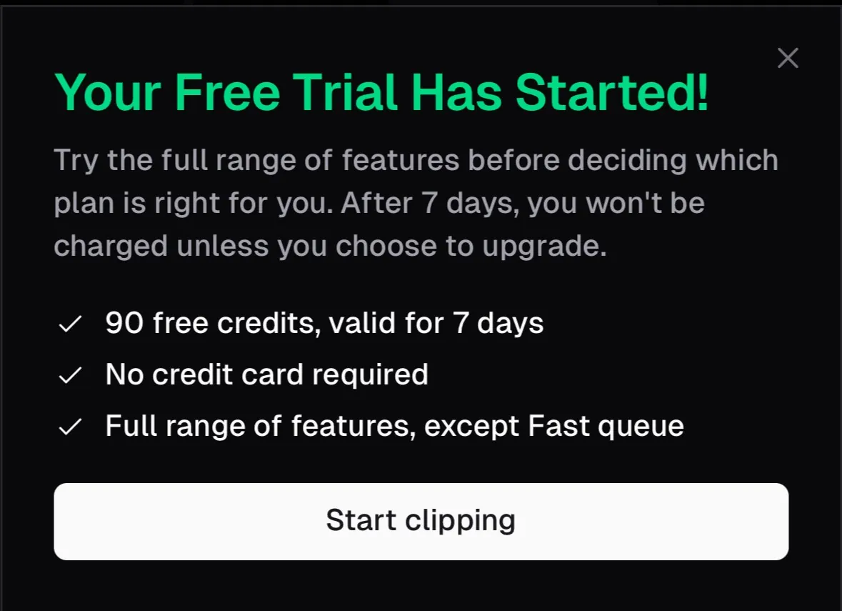 Confirmation popup for a 7-day free trial with 90 credits and a 'Start clipping' button.