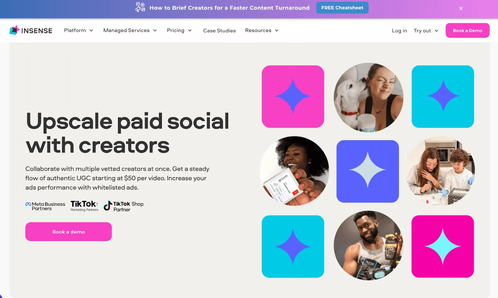 Insense landing page: "Upscale paid social with creators" text and creator photos.