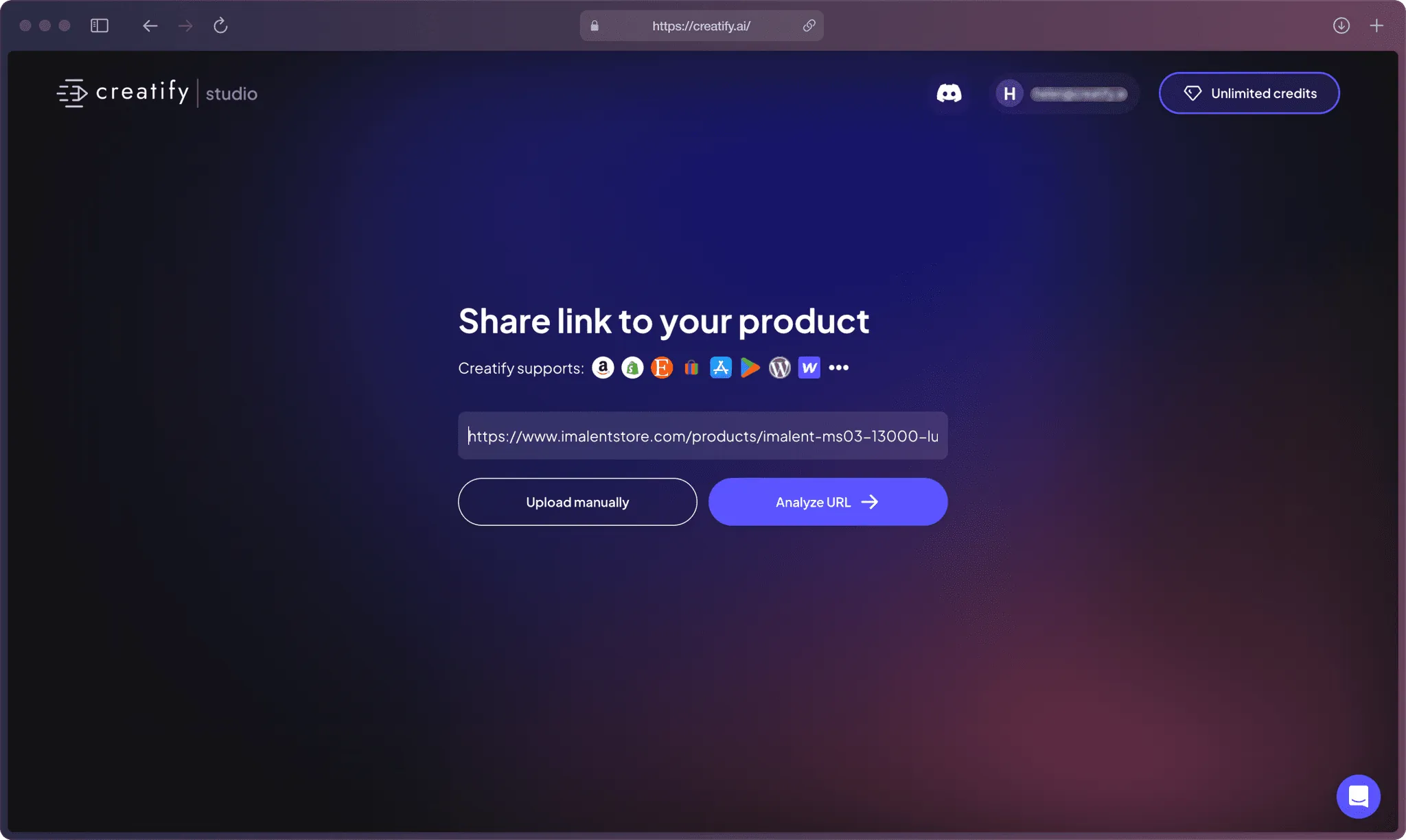 A screenshot of Creatify AI app on the “Share link to your product” page with an e-commerce product’s website link pasted into the “Product URL” bracket.