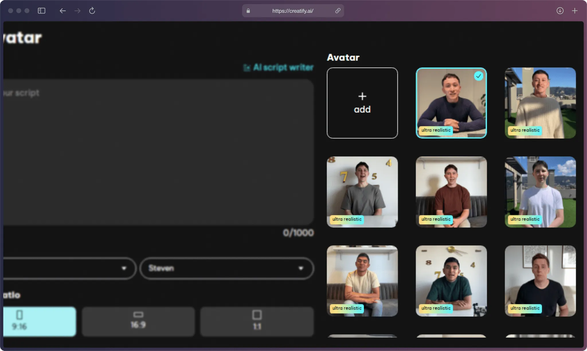 A screenshot of Creatify AI app on the “AI Avatar” page.