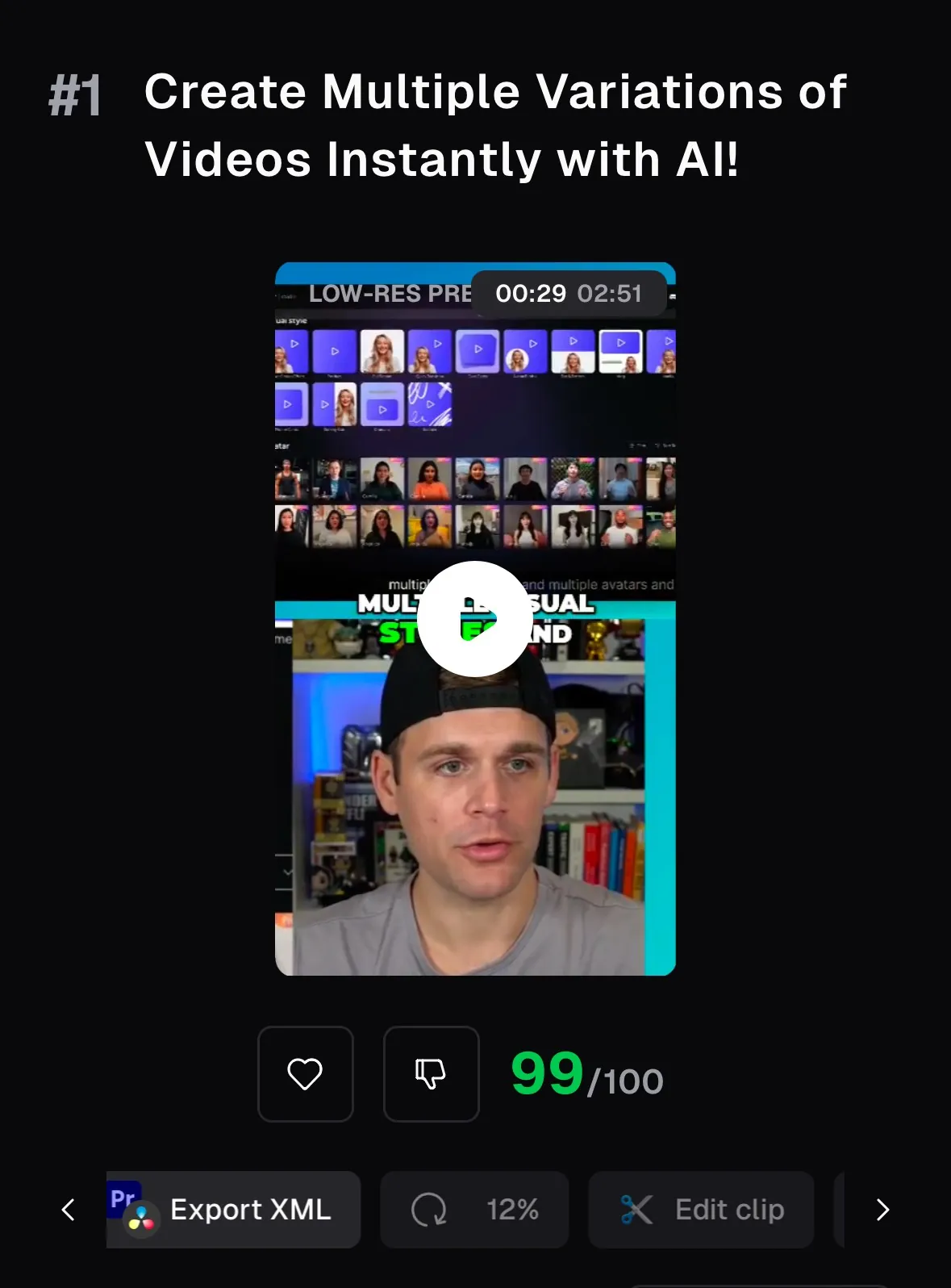 OpusClip interface showing AI video variation features, a man speaking, and export options.