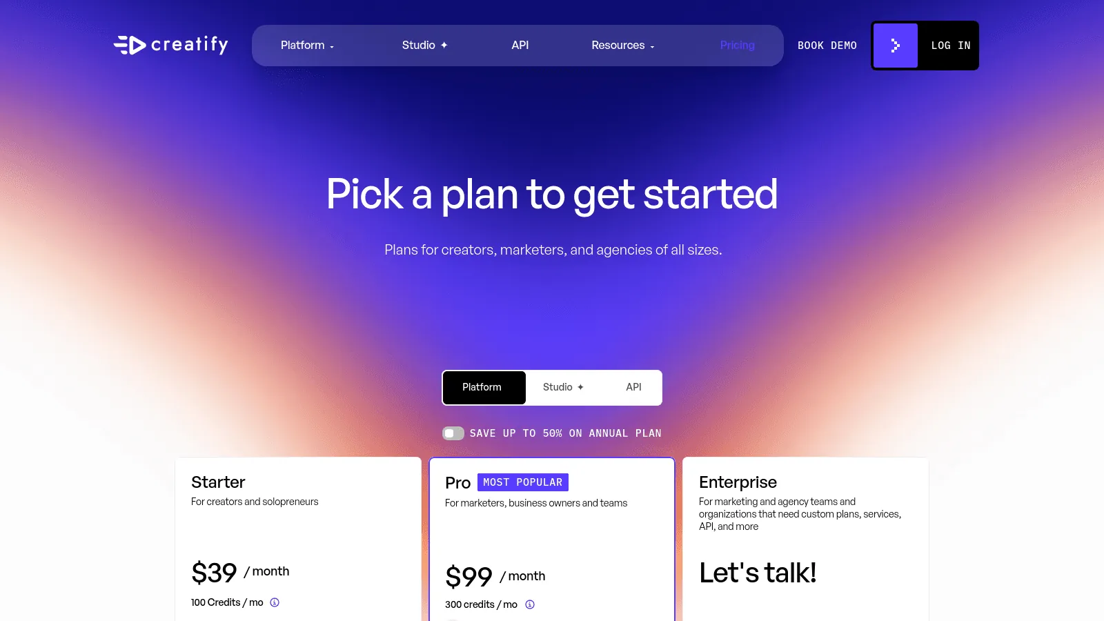 Creatify pricing page showing subscription tiers Starter, Pro, and Enterprise against a vibrant gradient background.