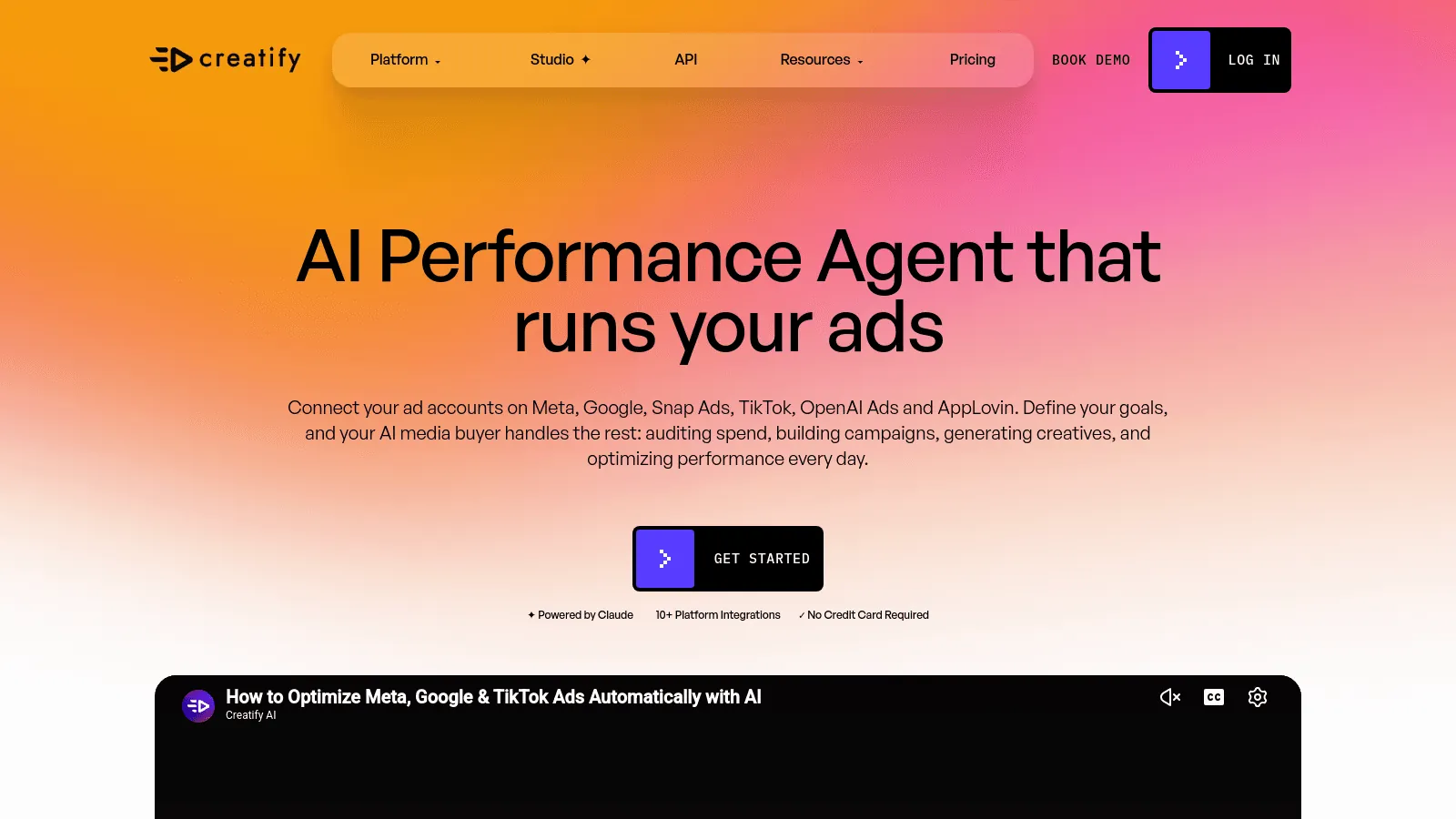 Creatify AI landing page featuring a headline about an AI performance agent for running digital ads.