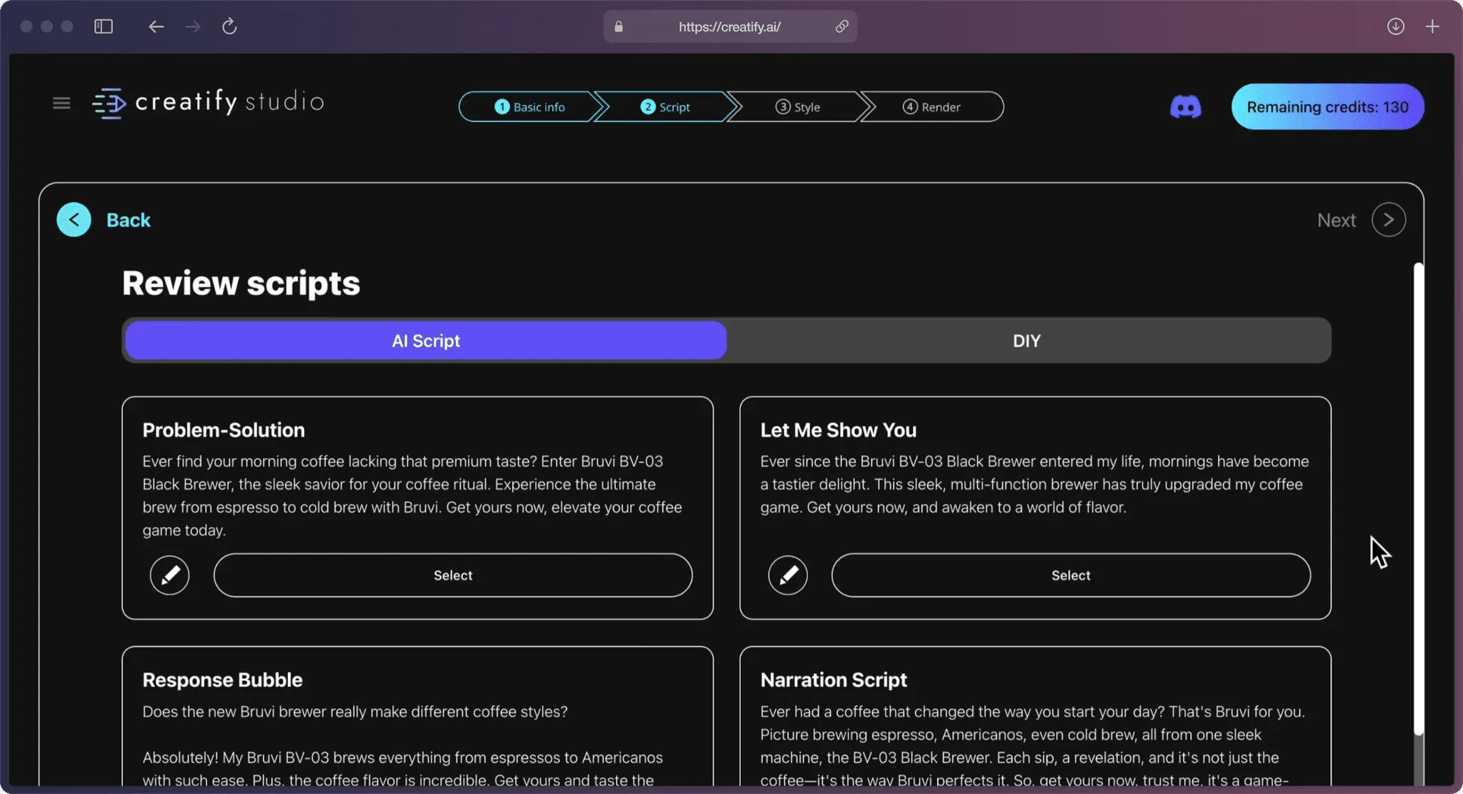 A screenshot of Creatify AI app on the “Review scripts” page.