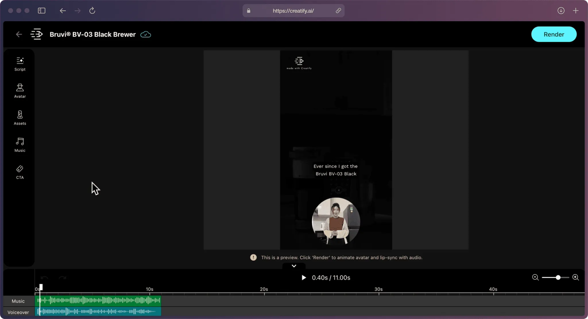 A screenshot of Creatify AI app on the “Edit” page with the video preview in the middle, several functions on the left, and an editing timeline on the bottom.