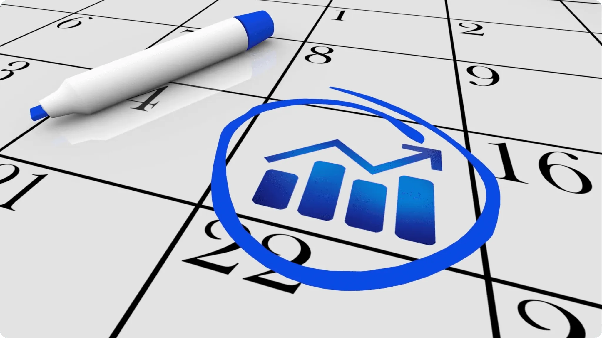 A bar graph icon circled in blue on a calendar page next to a marker pen, indicating a financial plan.