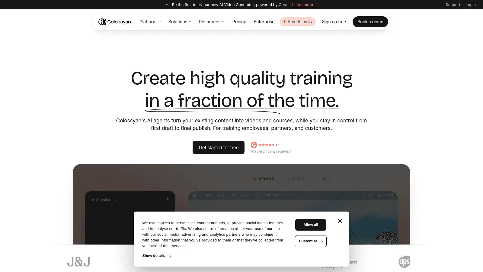 Colossyan AI video creation platform landing page featuring a headline about creating training videos efficiently.