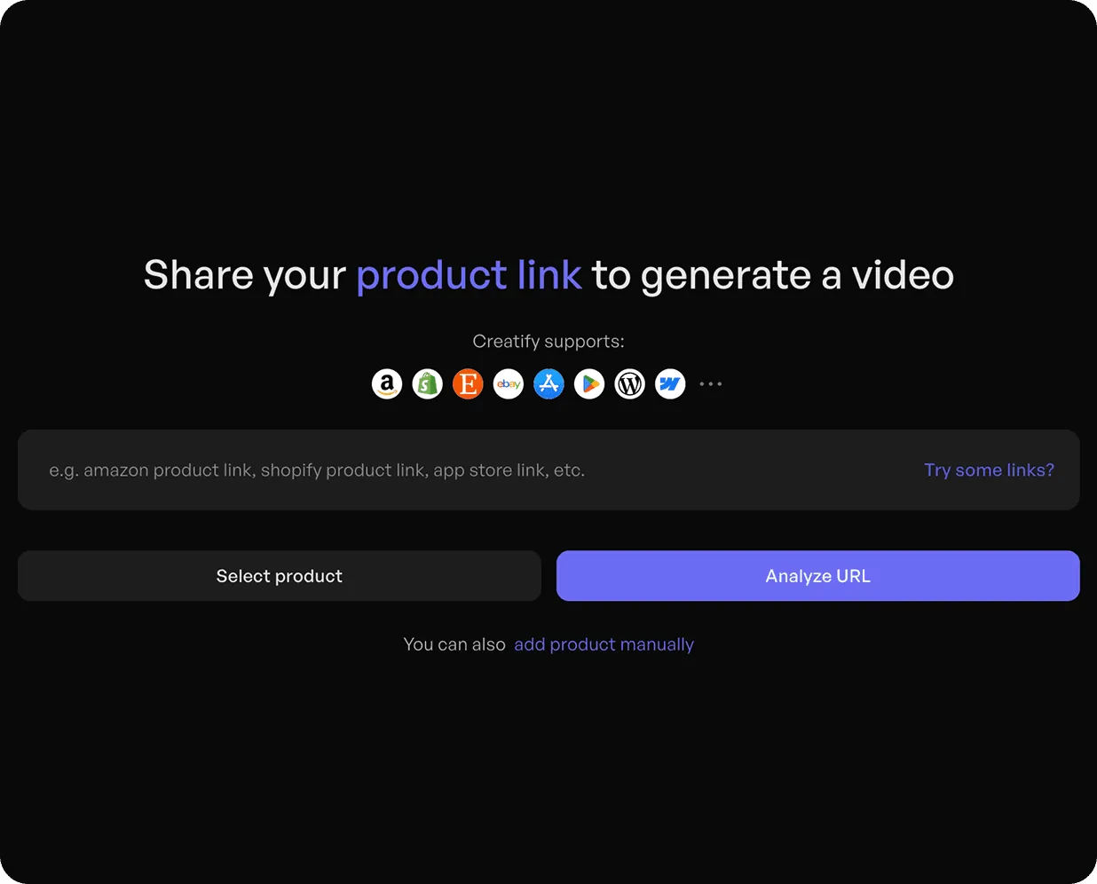Pasting a product link into Creatify