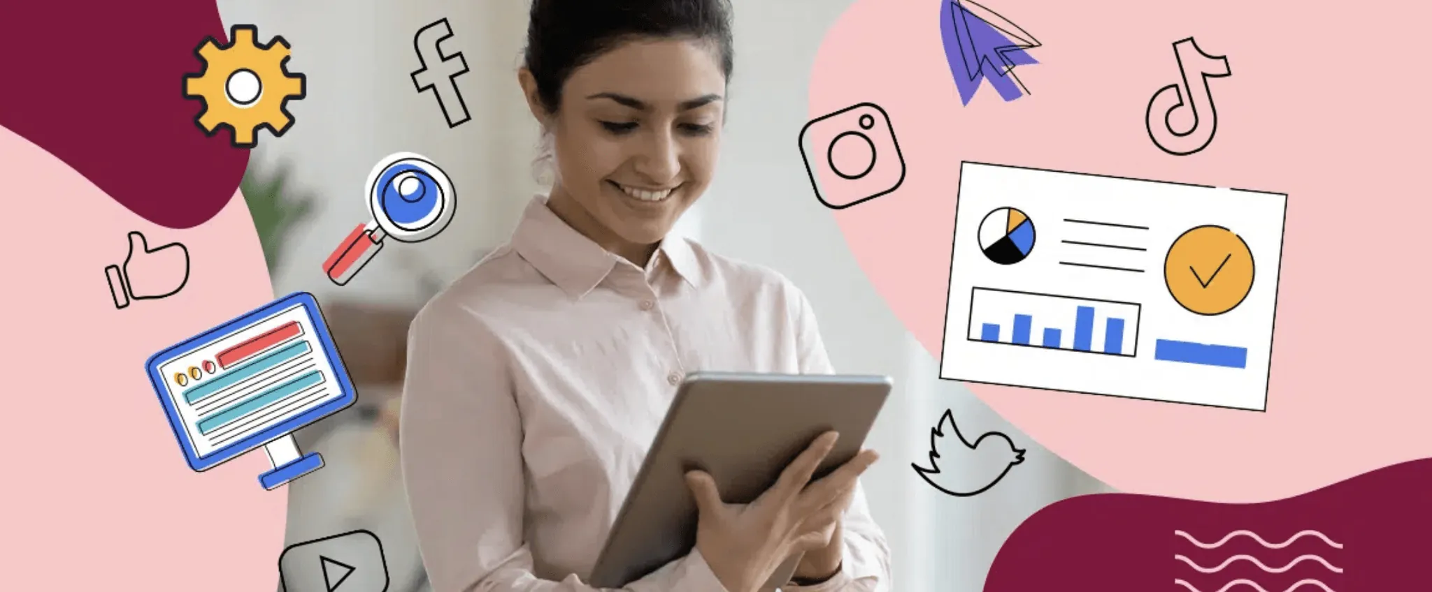 A smiling woman uses a tablet surrounded by social media and analytics icons.