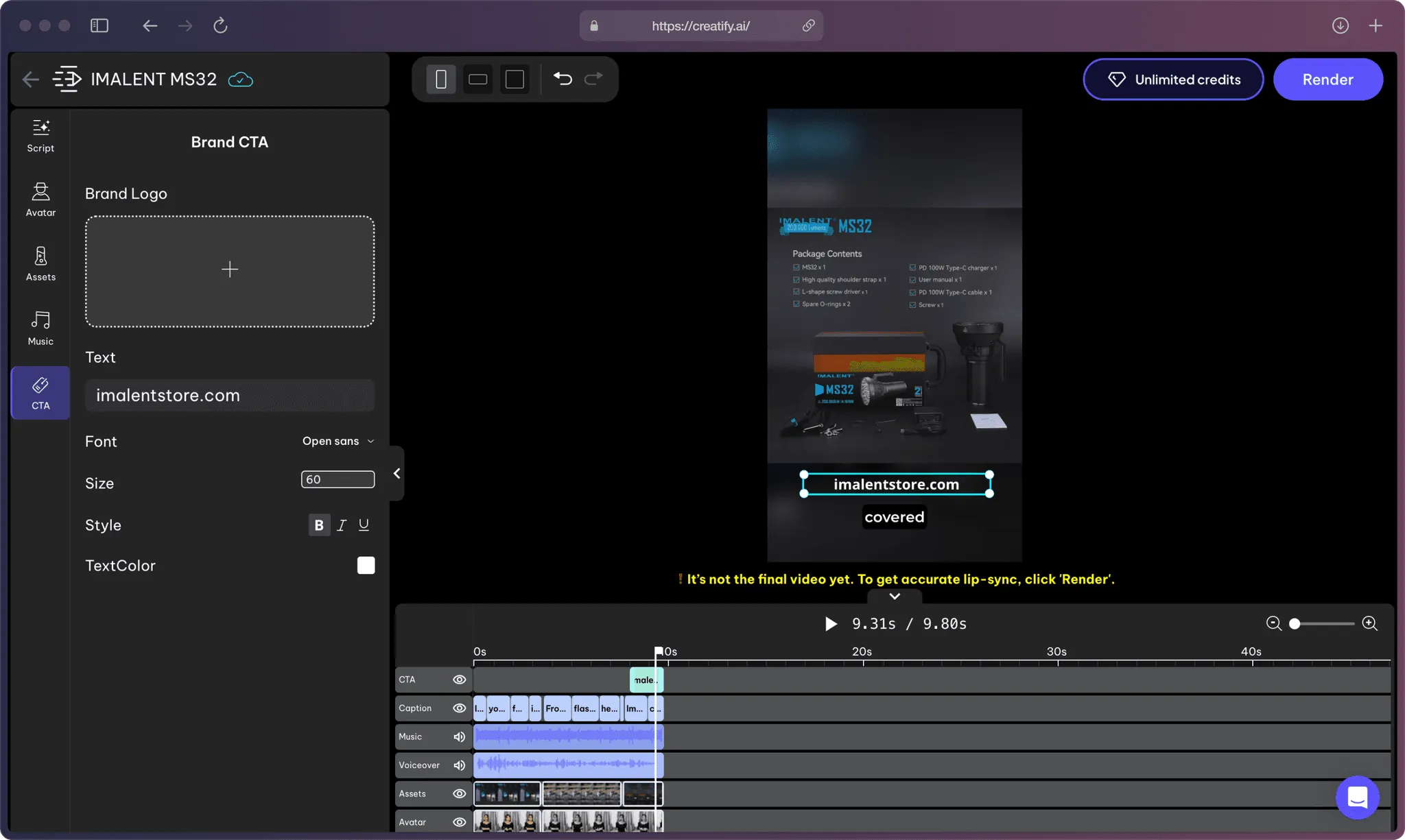 Creatify AI app's Editor in CTA section.
