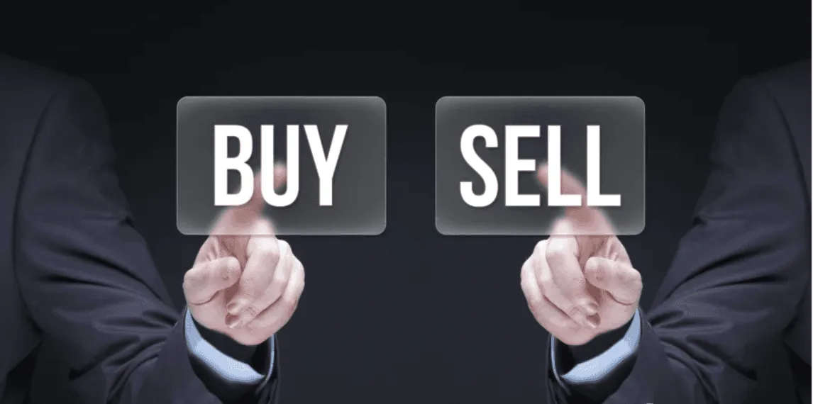 Two hands in suits point to 'BUY' and 'SELL' buttons, illustrating a financial decision.