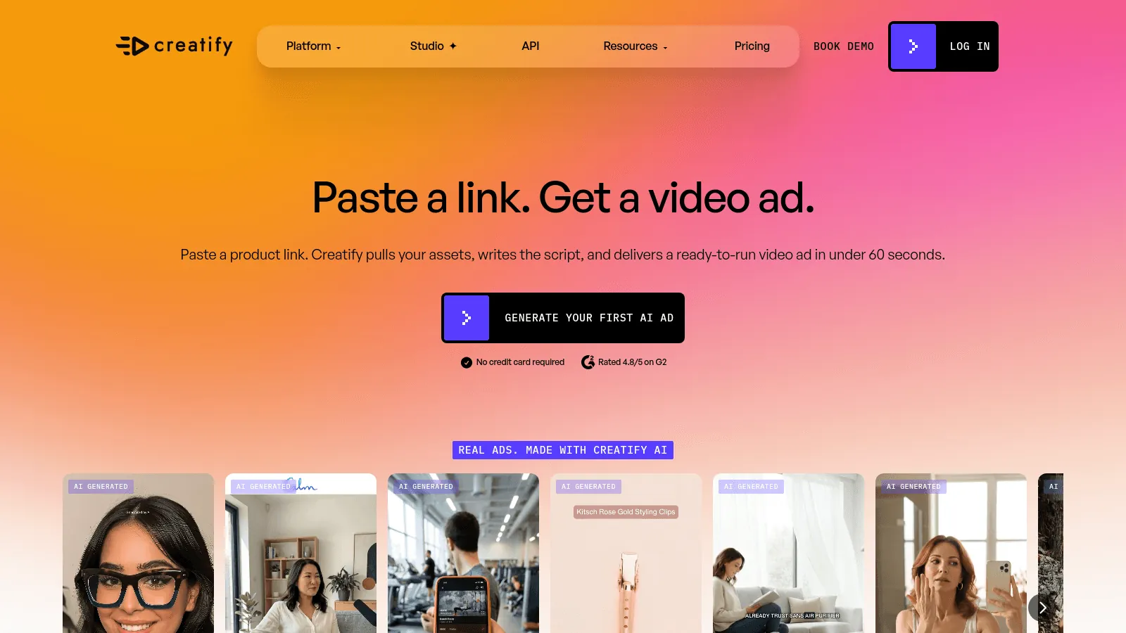 Creatify landing page with a URL to video ad generator interface and example AI generated video reels.