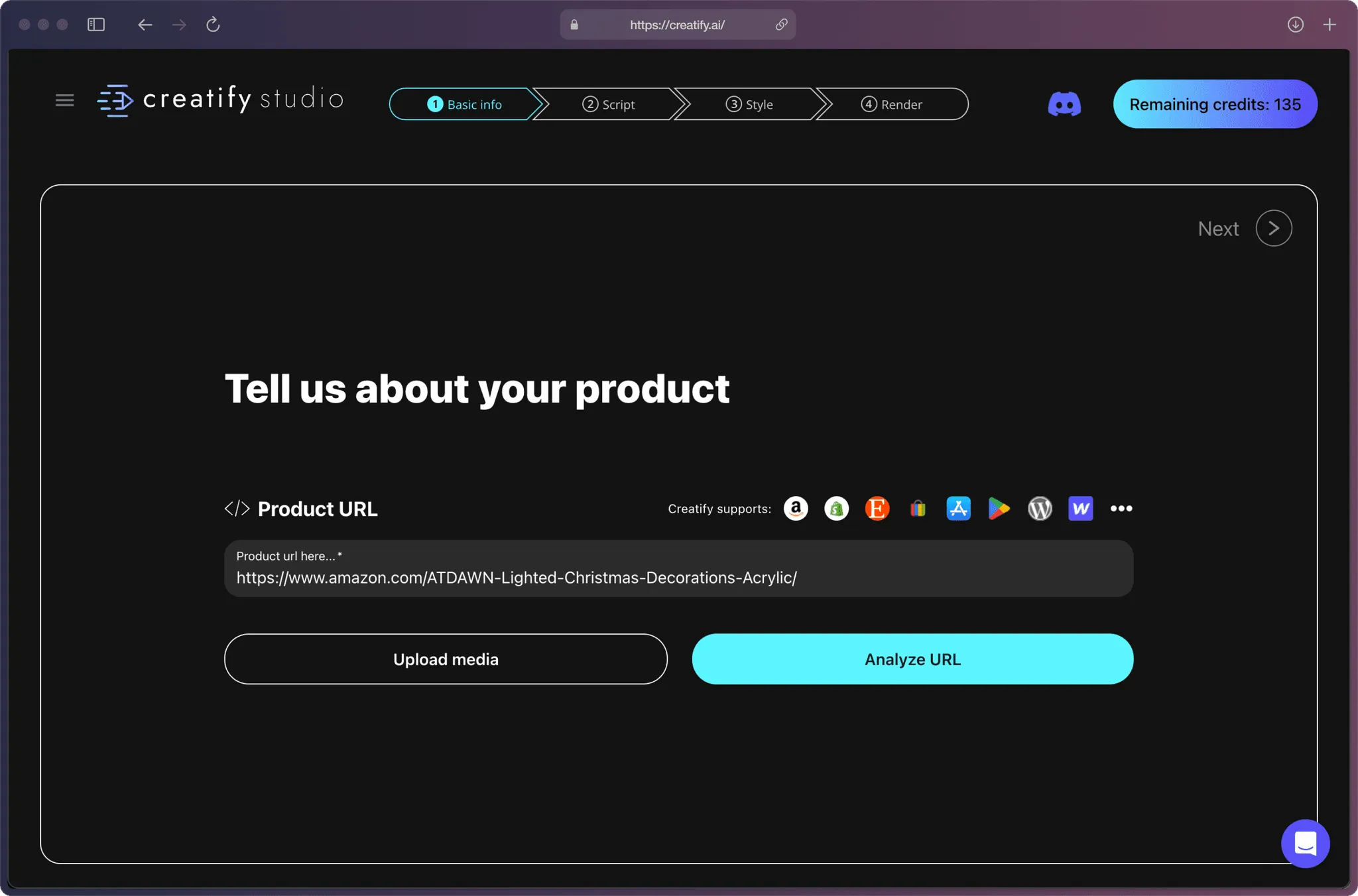 Creatify AI product setup screen