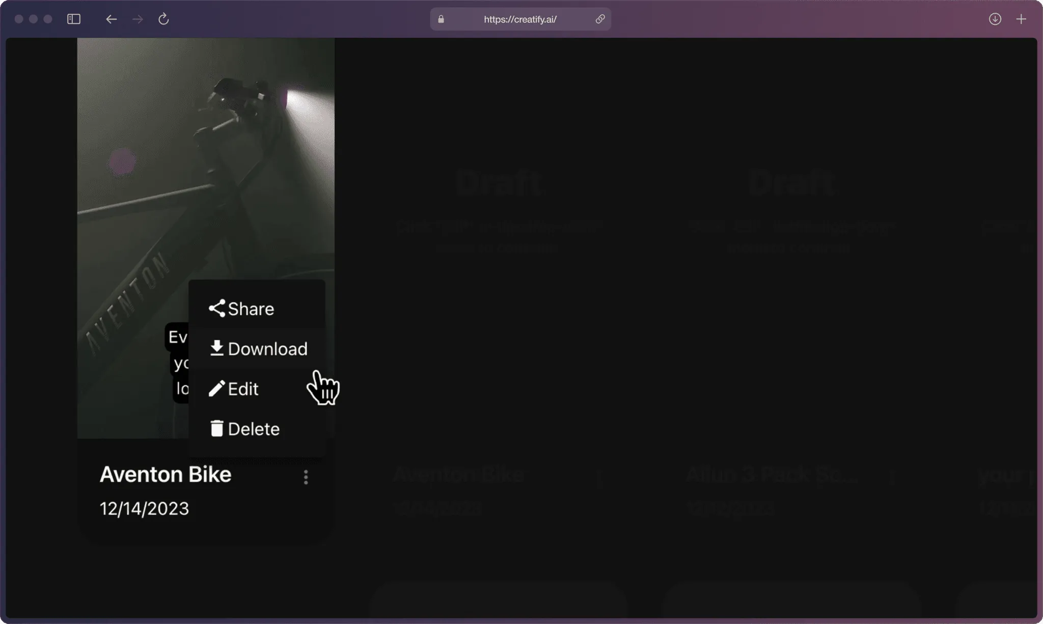 A screenshot of Creatify AI app on the “Past projects” page with a cursor hovering on “Download” option while zoomed in.