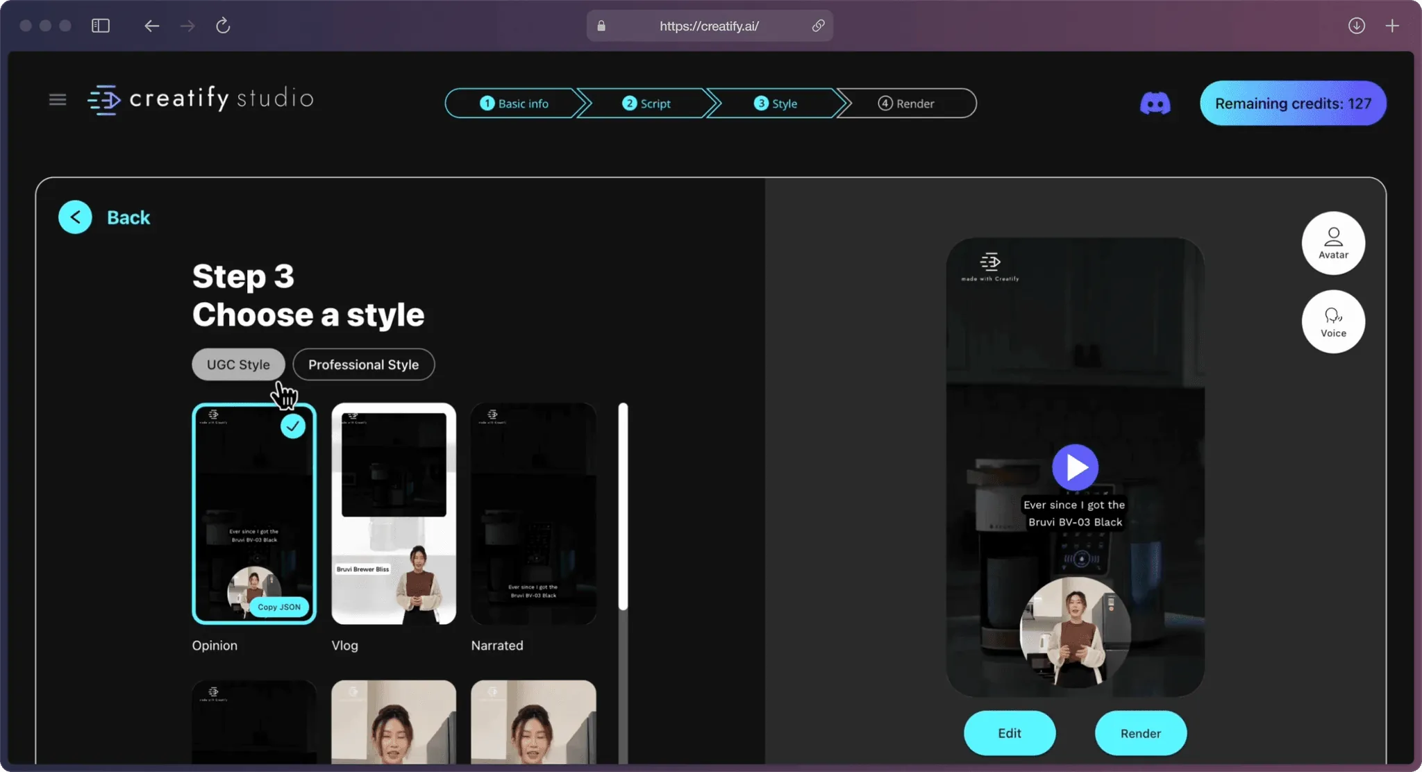A screenshot of Creatify AI app on the “Choose a style” page.