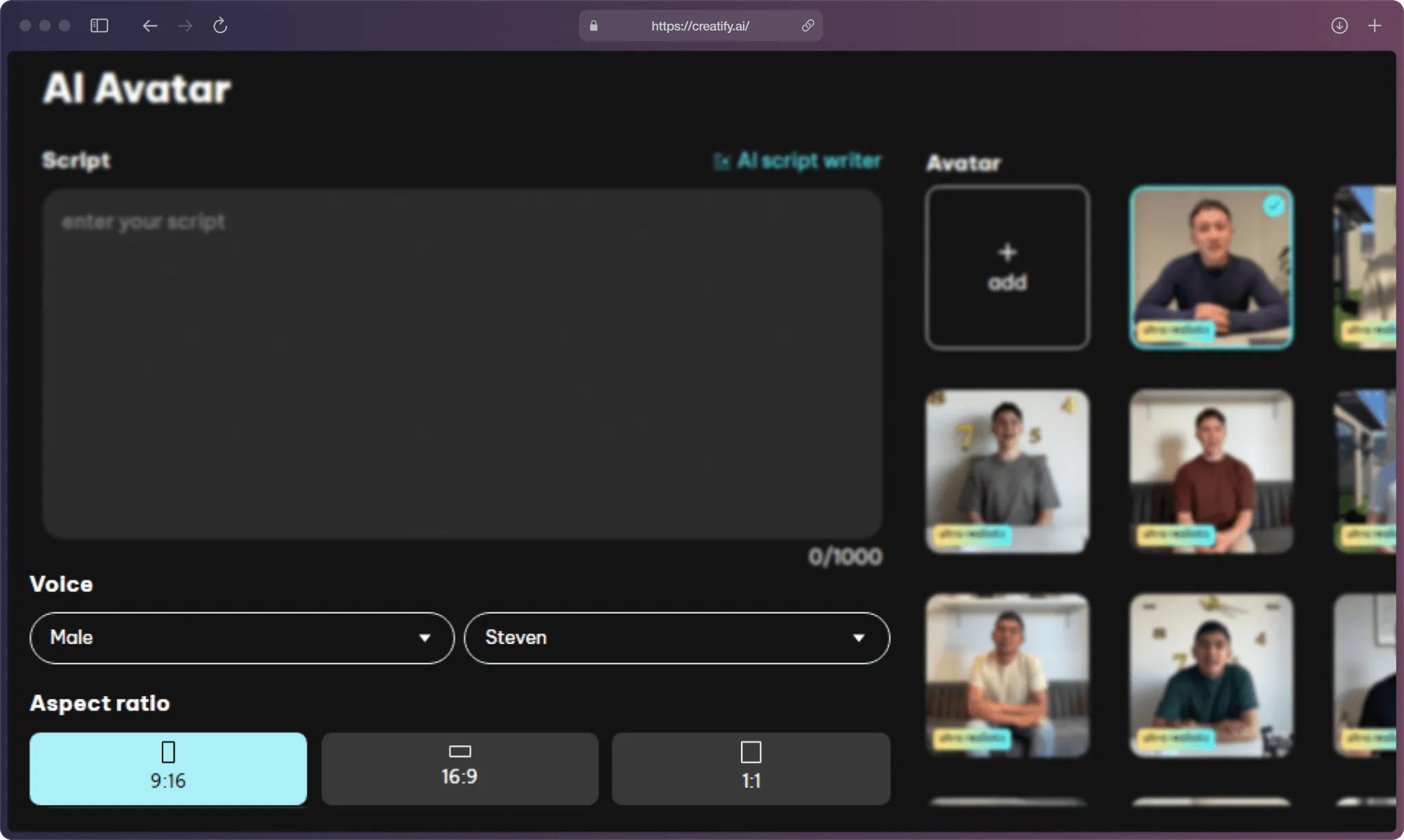 A screenshot of Creatify AI app on the “AI Avatar” page.