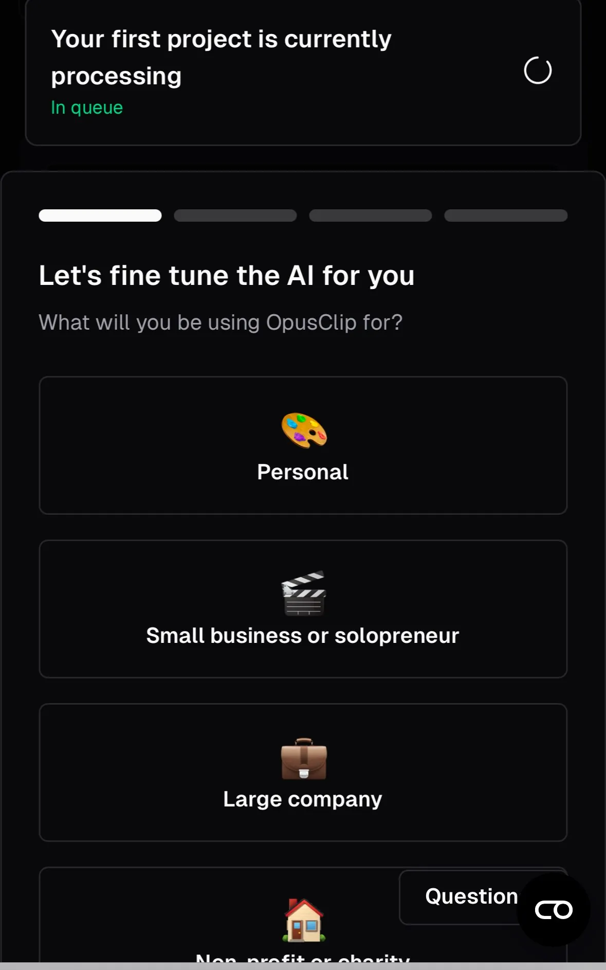 OpusClip survey asking users to select business type (Personal, Small business, etc.).