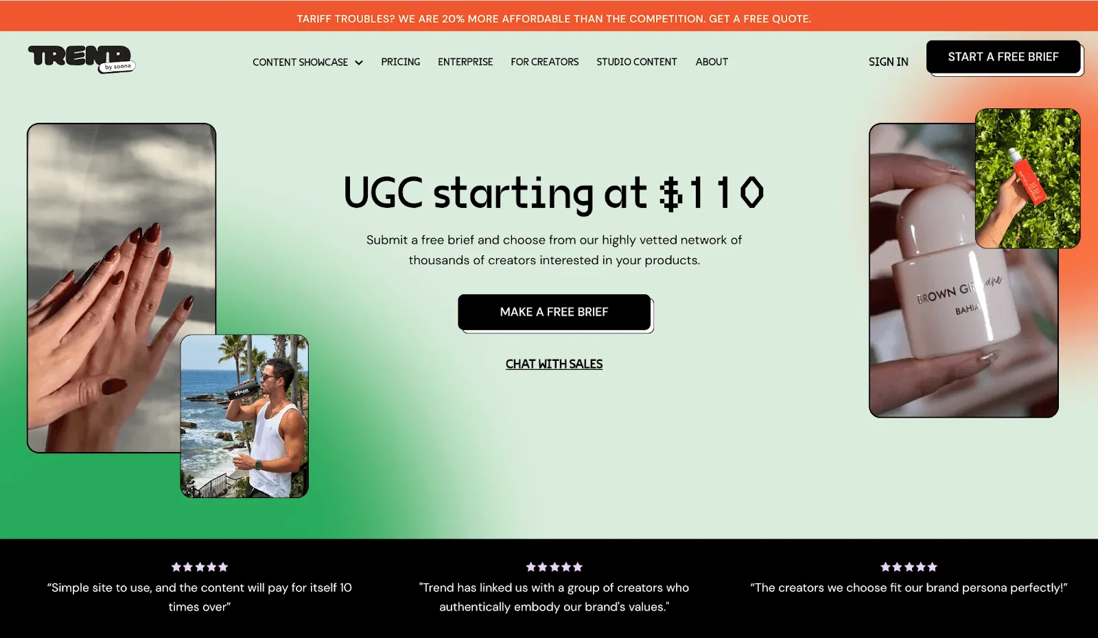 Trend website homepage: offers UGC starting at $110 with creator network access.