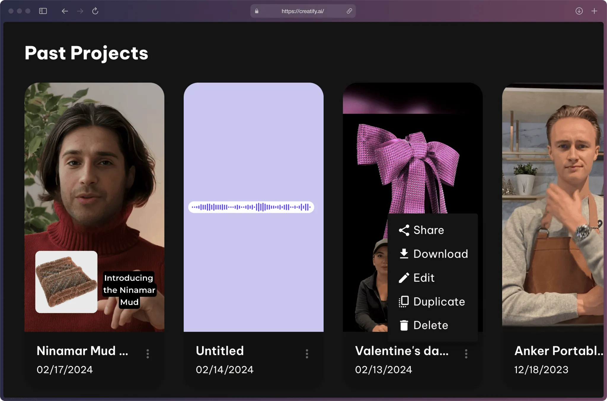 Creatify AI app on the “Past Projects” page.