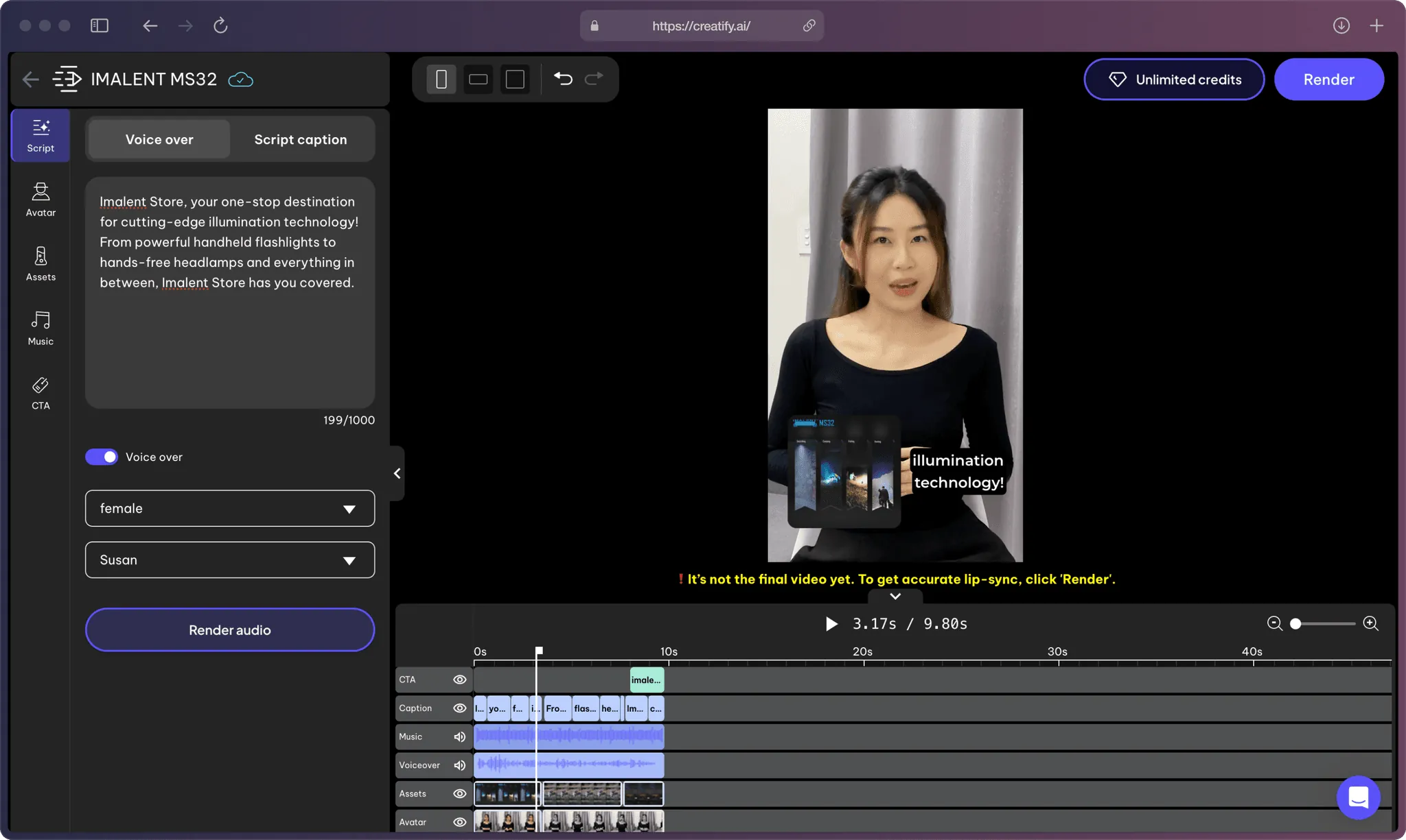 Creatify AI app's Editor in Script section.