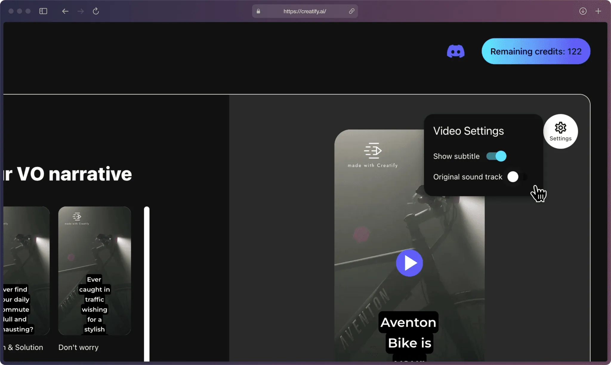 A screenshot of Creatify AI app on the “Choose a style” page showing several visual styles in brackets on the left, and a “Settings” button on the right with “Show subtitle” and “Original sound track” toggles.