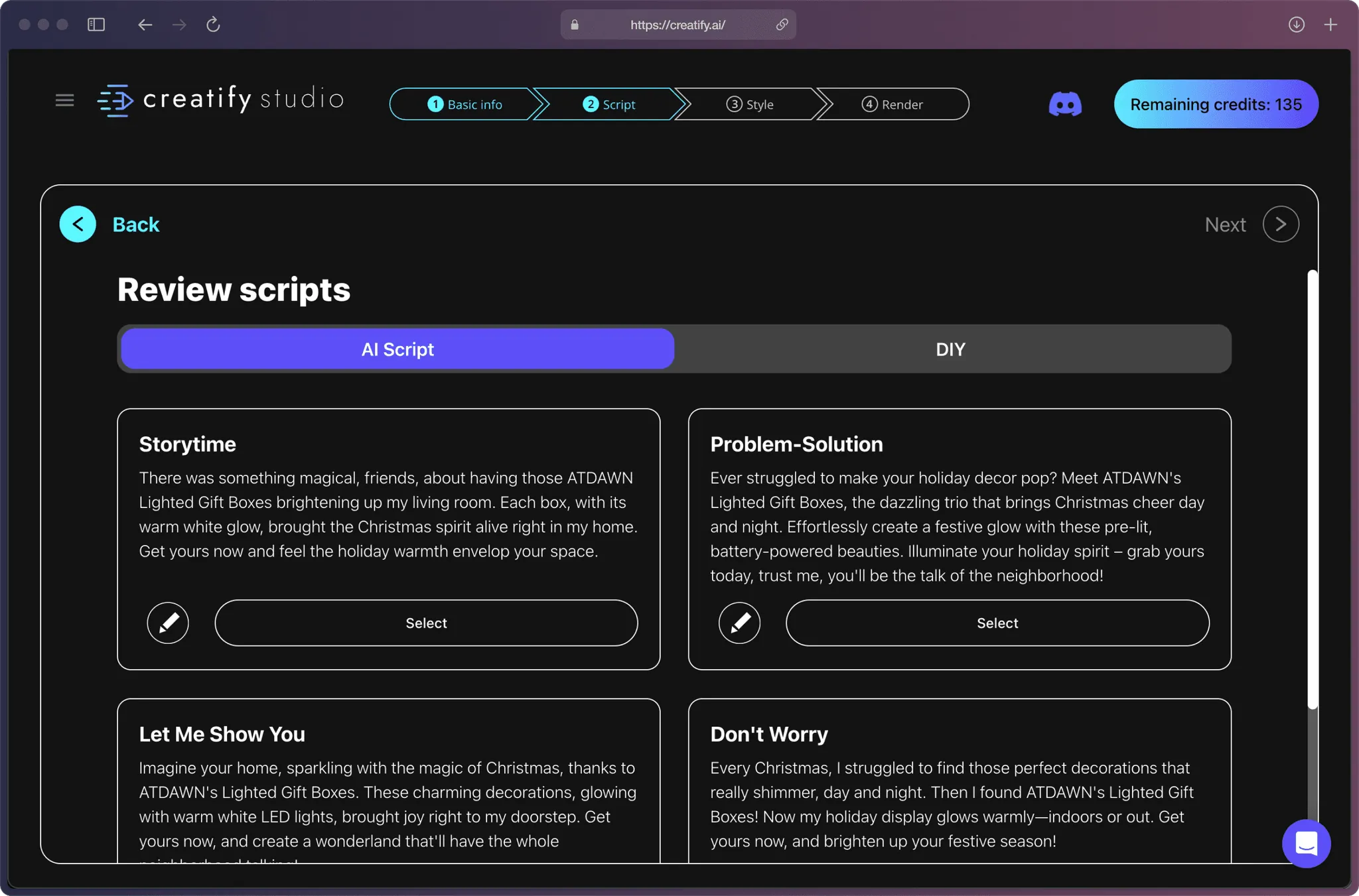 A screenshot of Creatify AI app on the “Review scripts” page with several script options under “AI scripts” purple bracket.