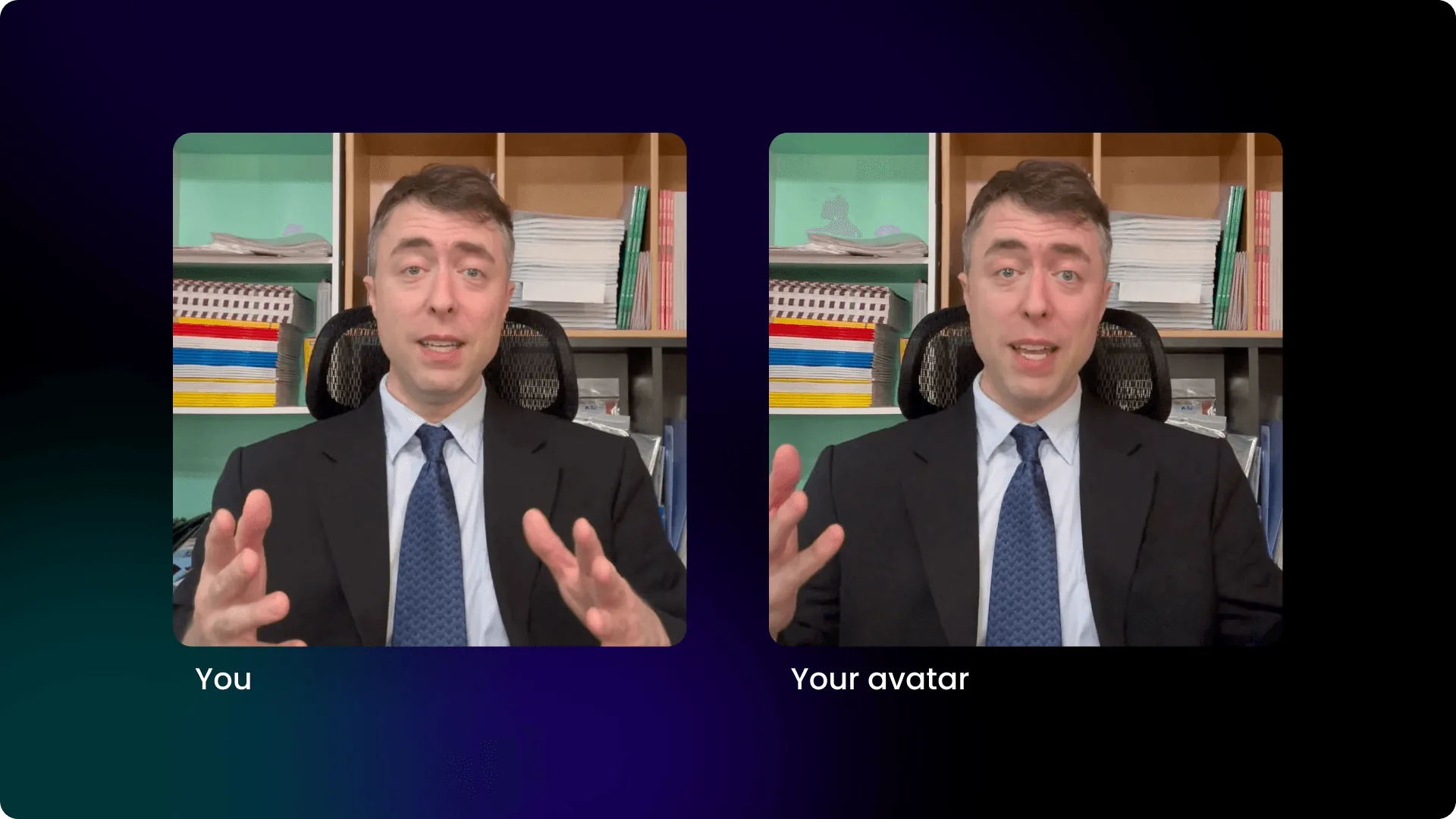 A before an after comparison of a middle-age white male using Creatify's "Bring your own avatar" tool