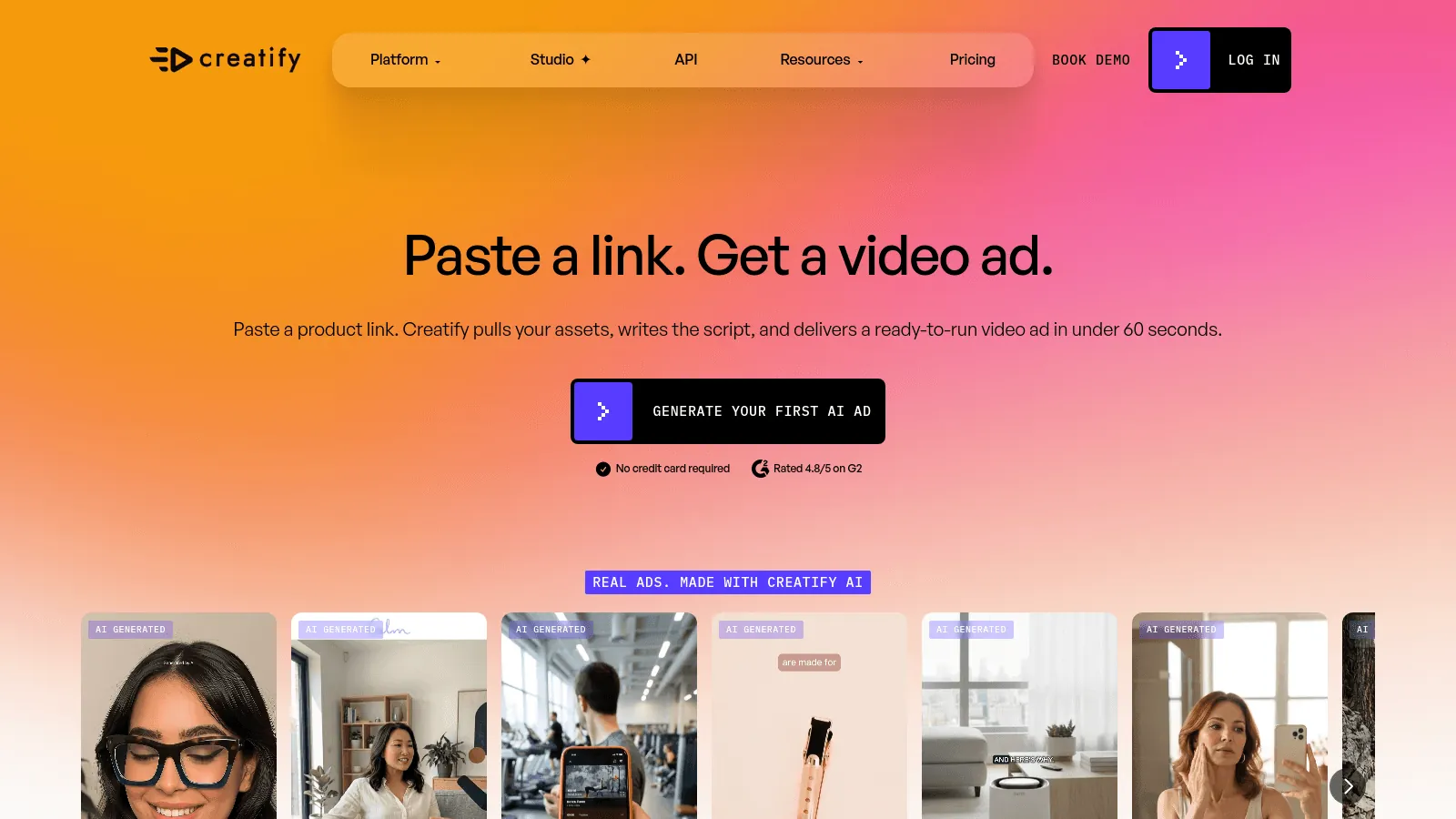 Creatify marketing page featuring an AI video generator tool with a URL input for ad creation.